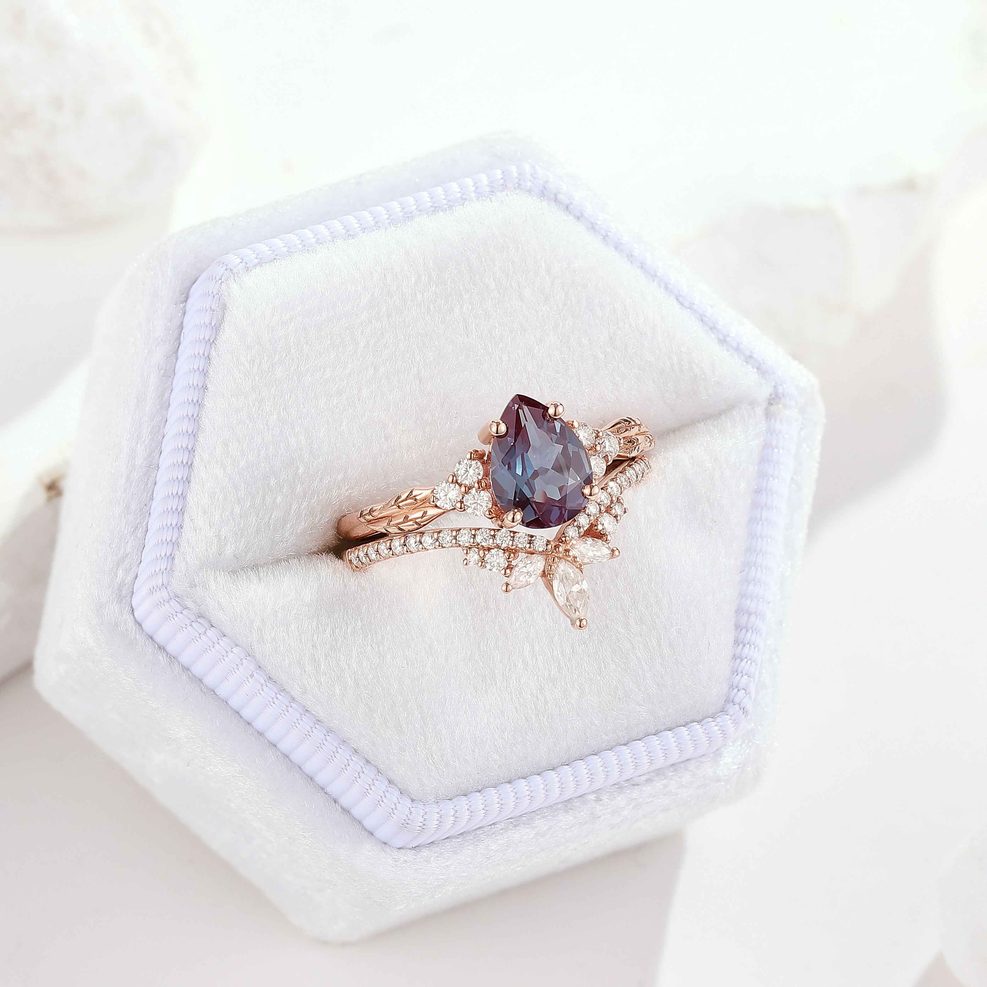 Classic Pear Cut Alexandrite Engagement Ring Set Half Eternity Moissanite Wedding Band
