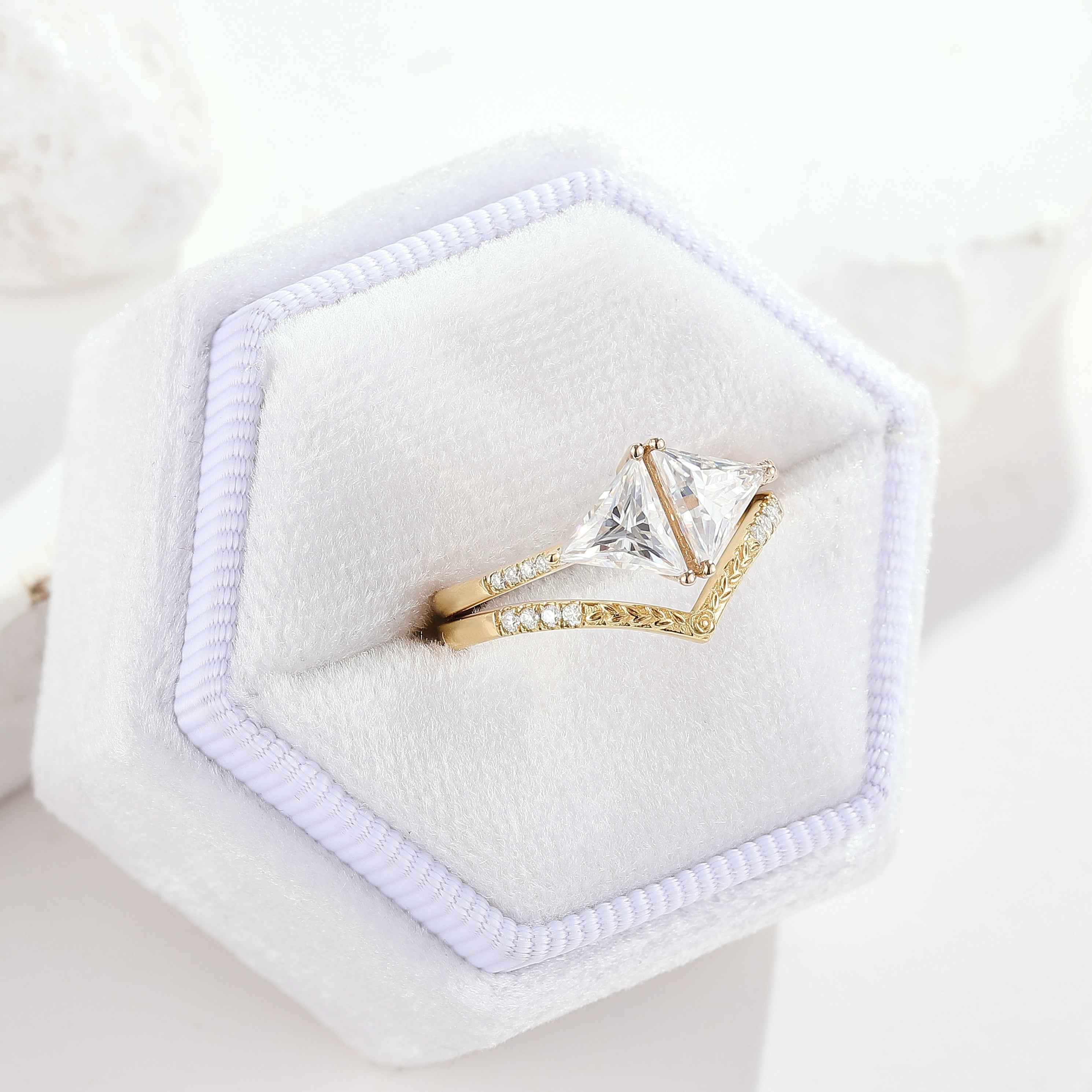 Unique Design Triangle Moissanite Bridal Set Chervon Yellow Gold Wedding Ring