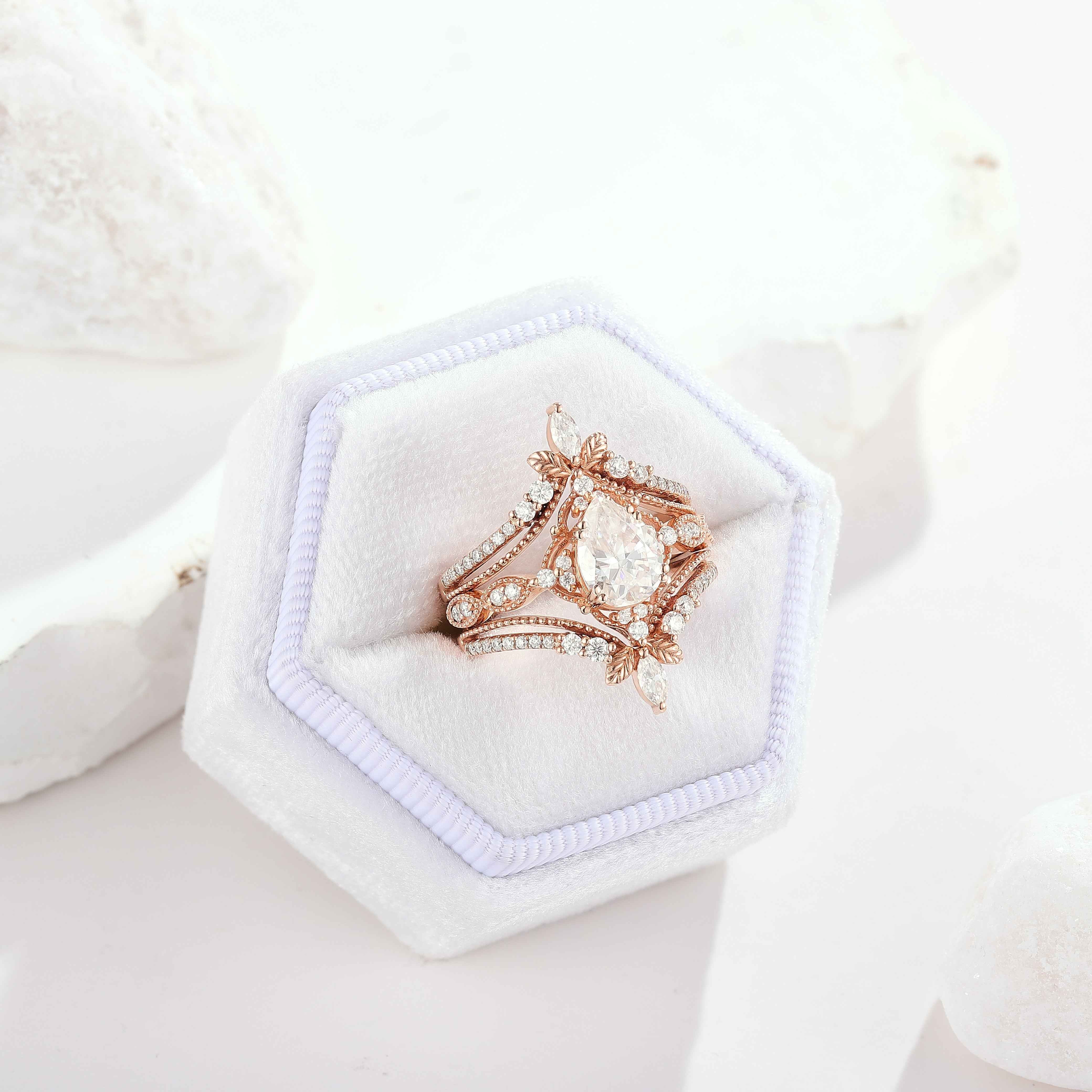 Nature Inspired Moissanite Engagement Ring Leaf Enhancer Wedding Band