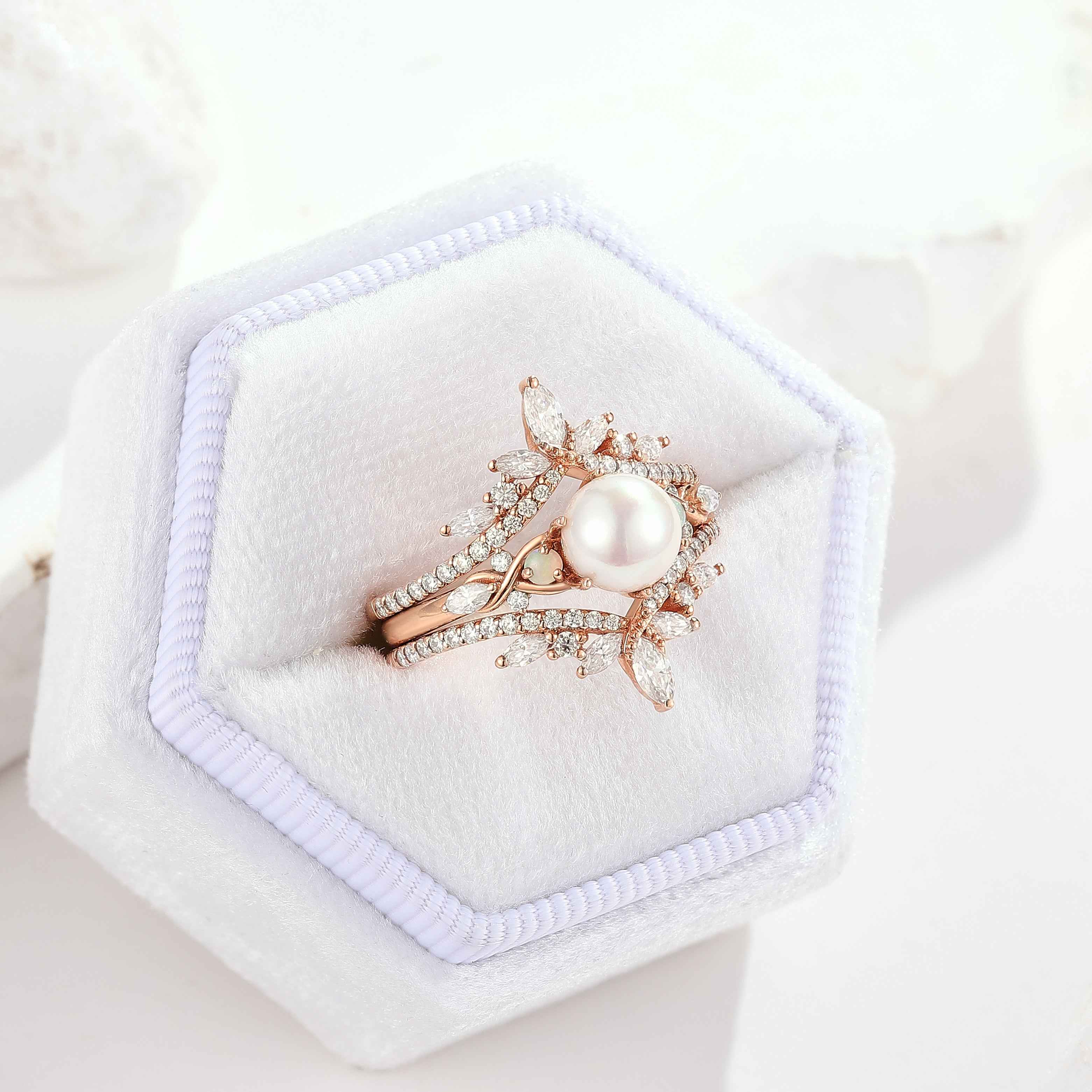 Unique Pearl Bridal Set Moissanite Marquise Enhancer Wedding Band 2Pcs