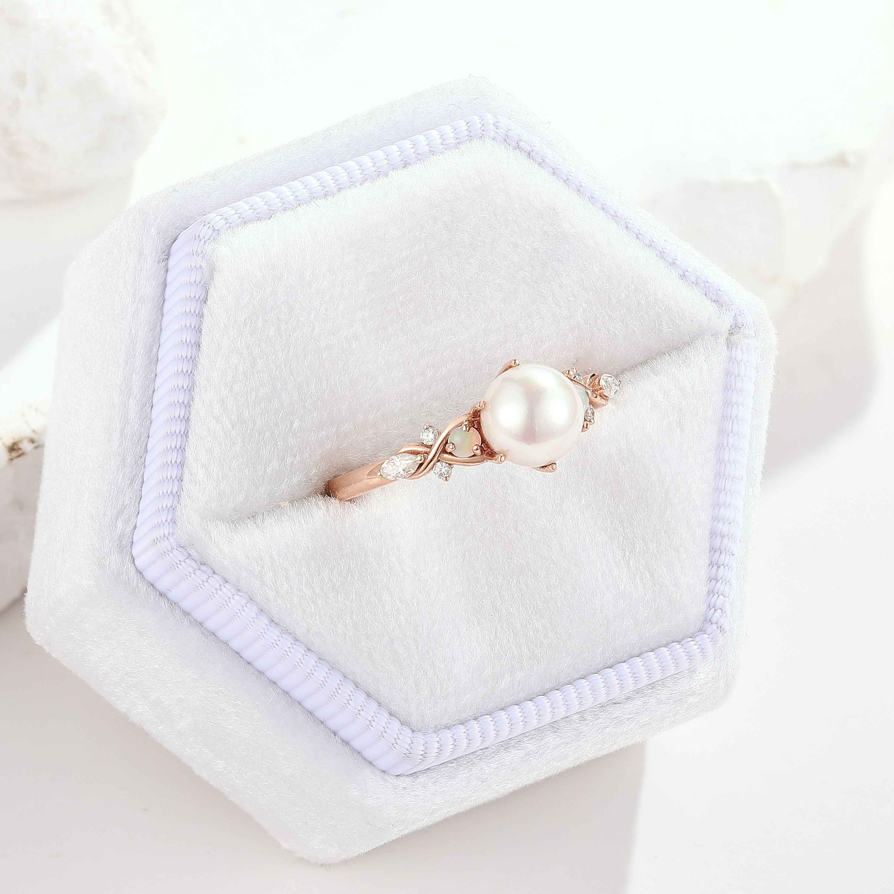 Unique Design Round Pearl Engagement Ring Rose Gold Ring