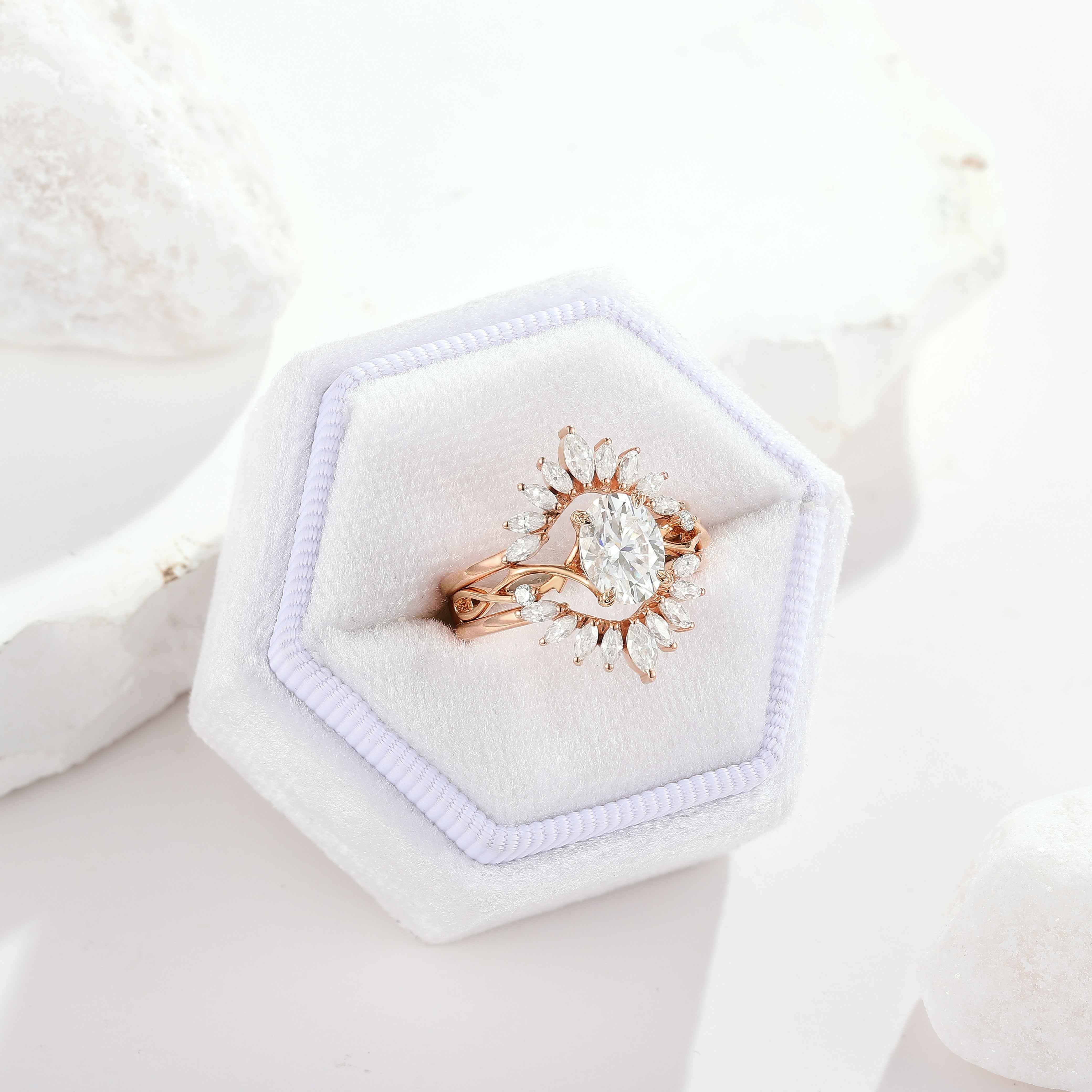 Unique Oval Moissanite Engagement Ring Set Marquise Enhancer Wedding Band