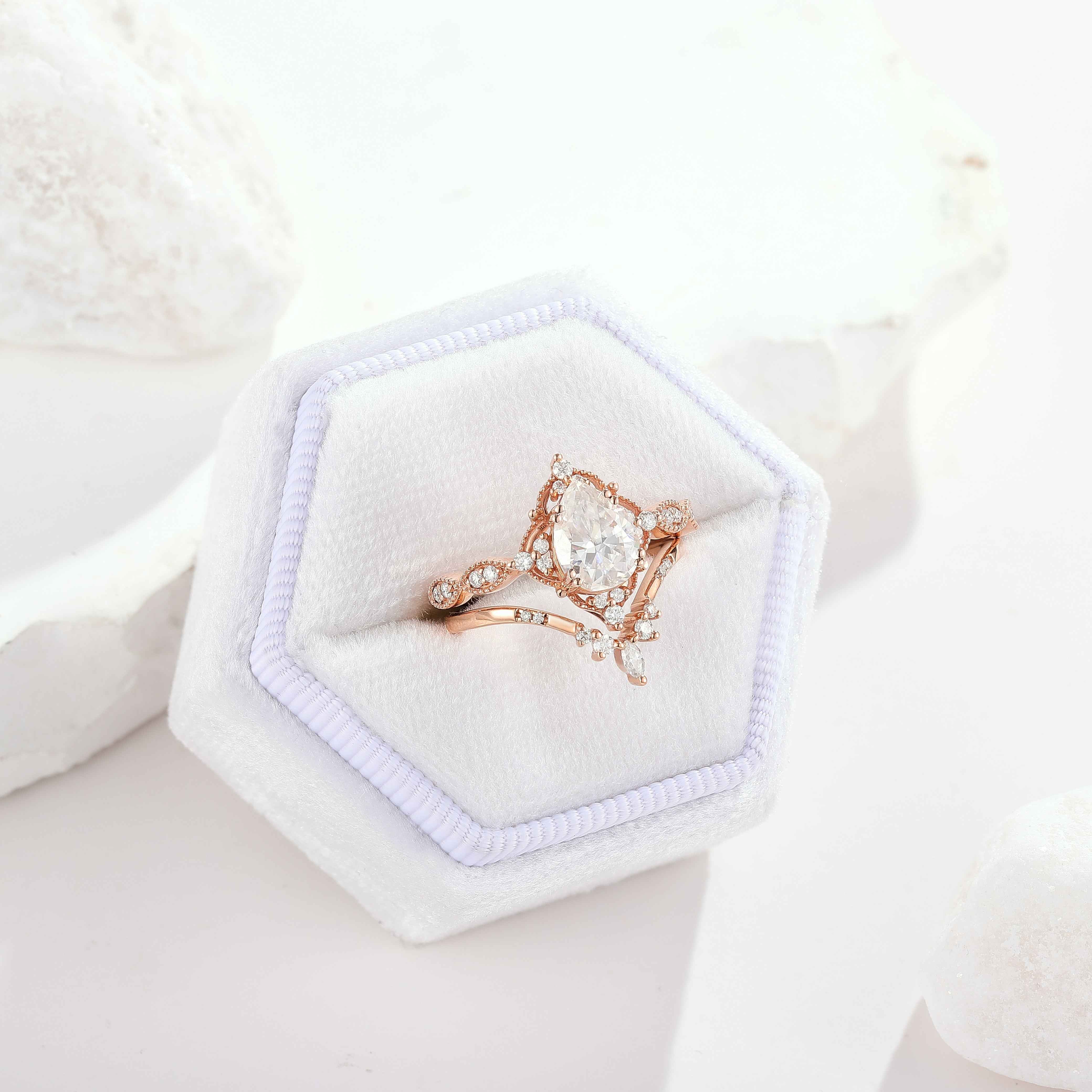 Vintage Pear Cut Moissanite Engagement Ring Set Chevron Stack Wedding Band