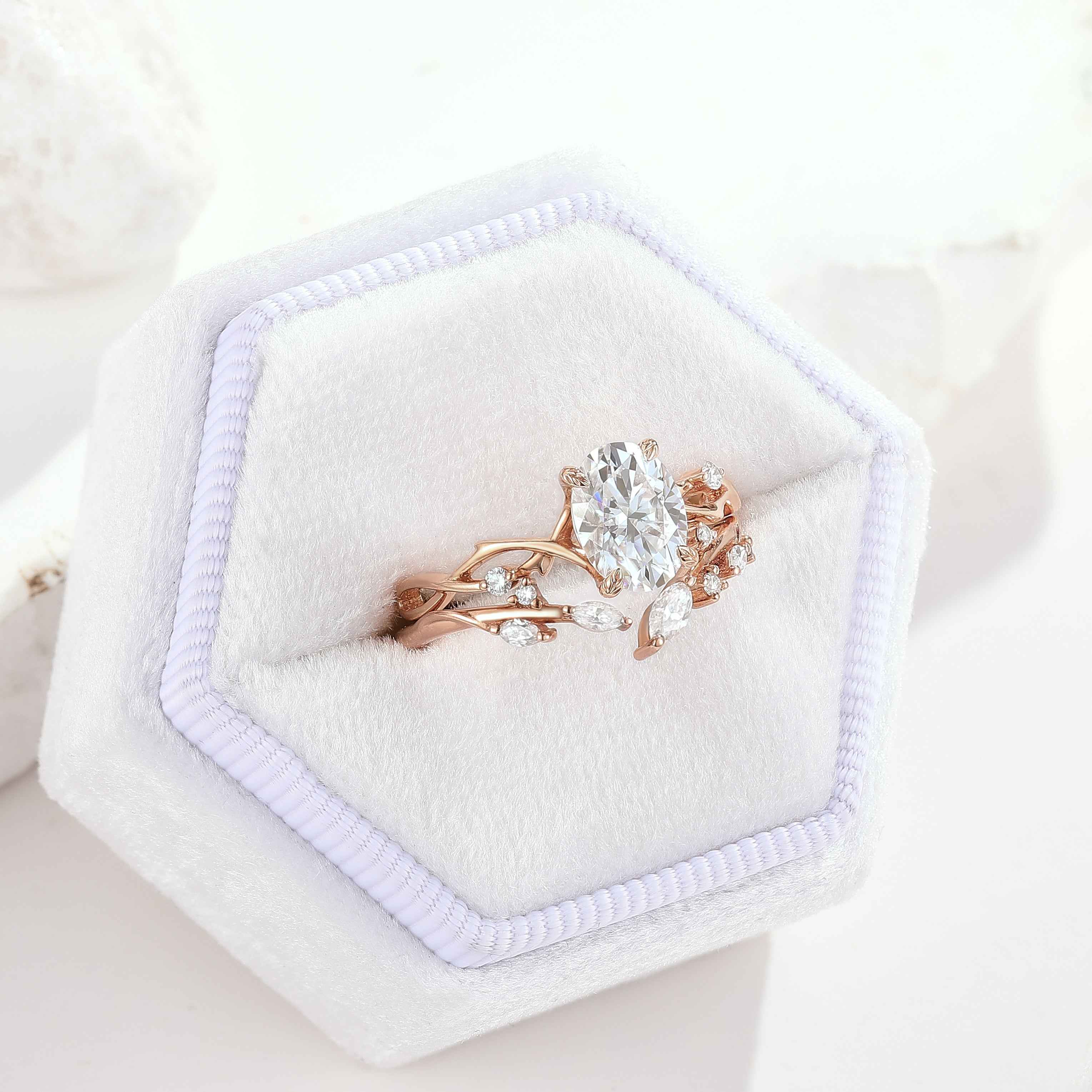 Oval Cut Moissanite Engagement Ring Set Vine Wedding Band 2pcs