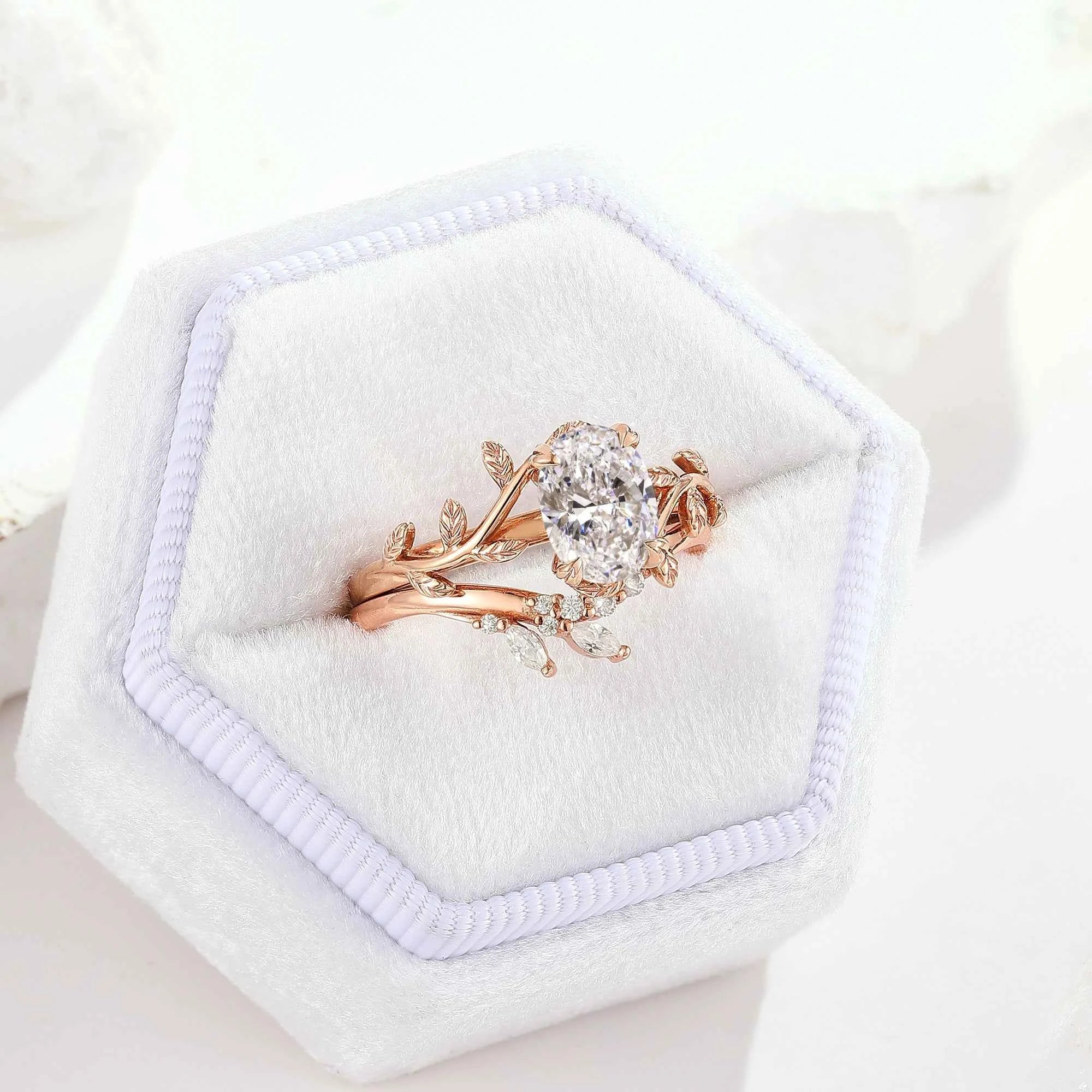 Nature Inspired Leafy Vine Lab Diamond Engagement Ring Set 2pcs