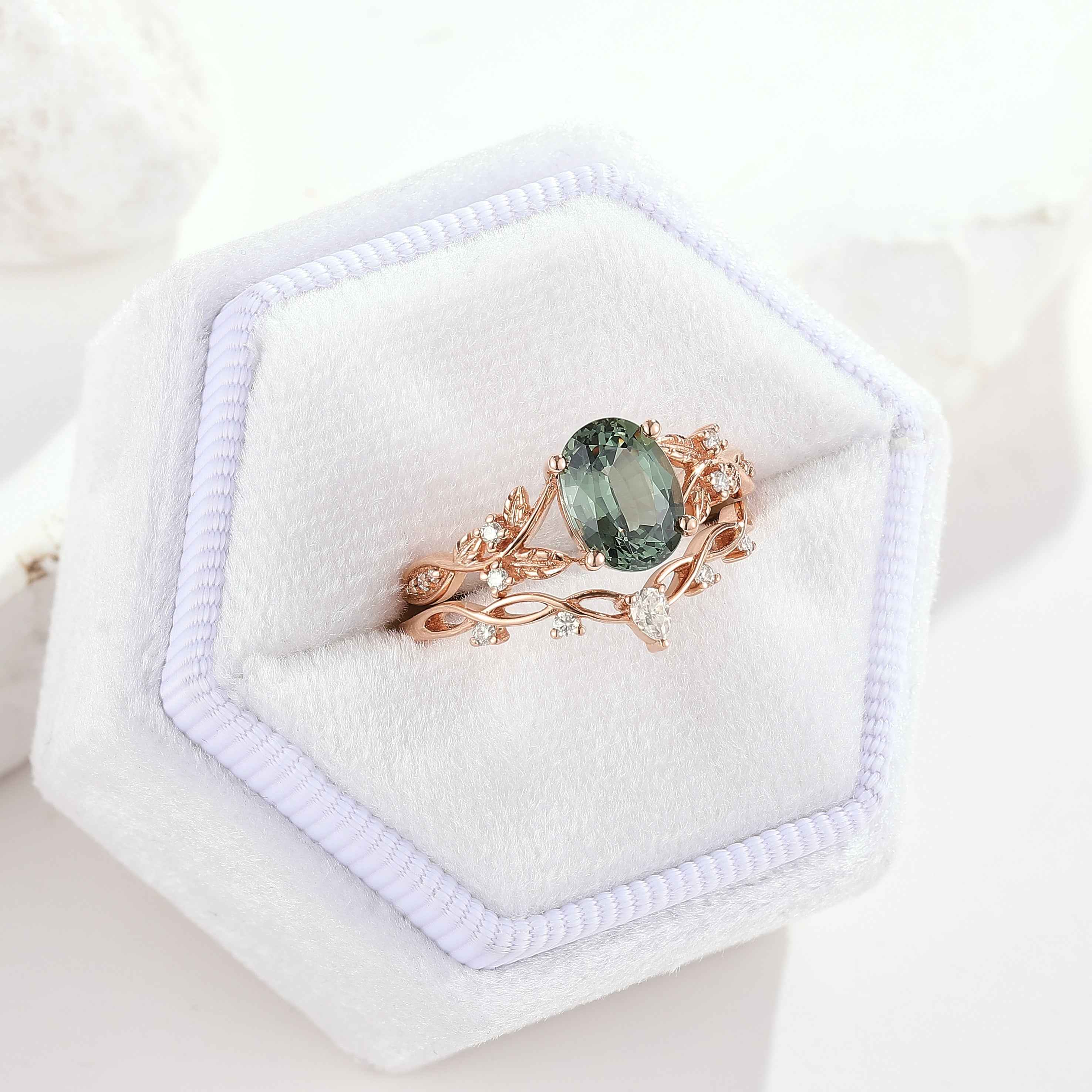 Nature Inspired Leafy Green Sapphire Engagement Ring Set 2pcs