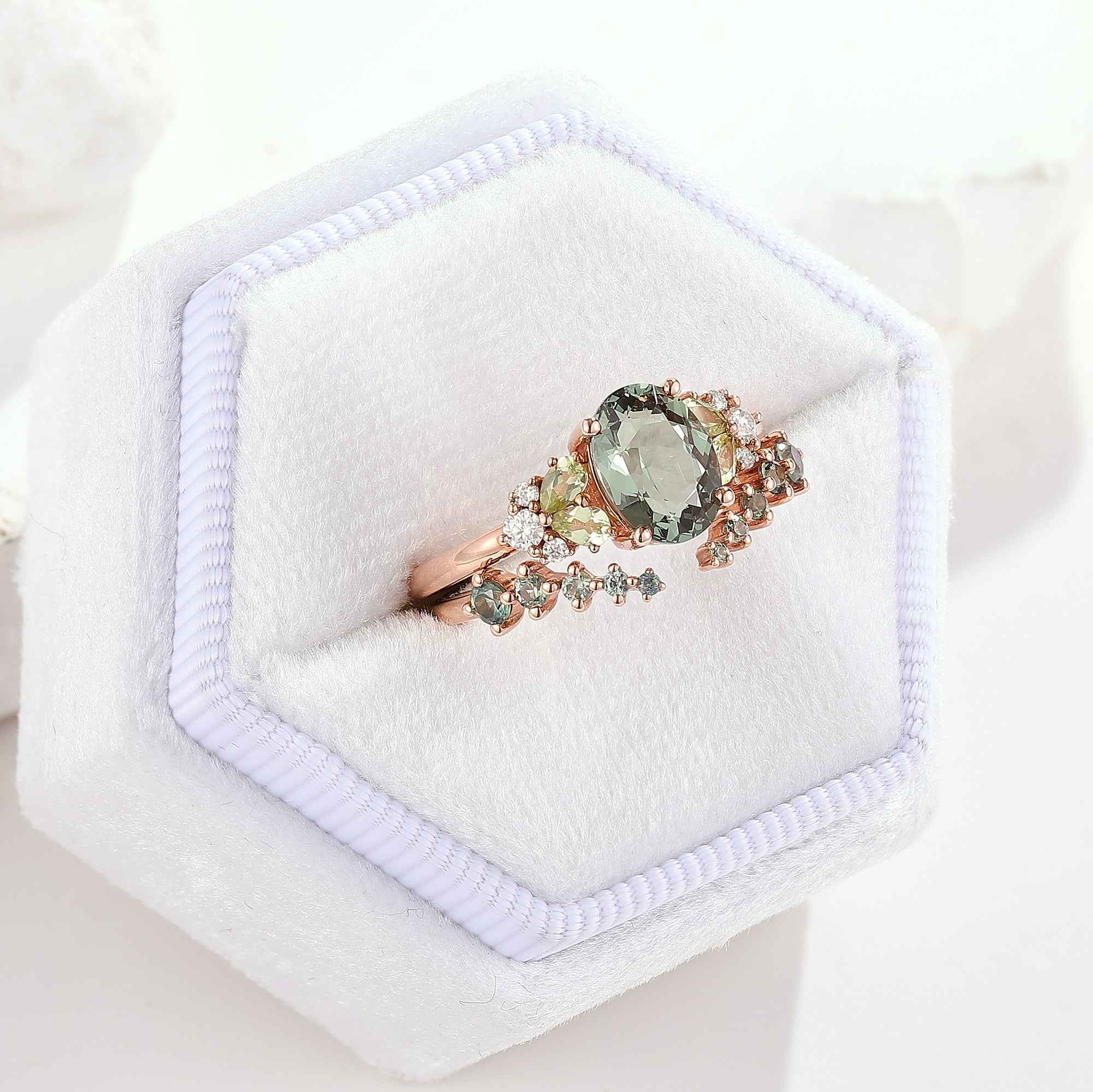 Vintage Oval Olive Green Sapphire Engagement Ring 2pcs