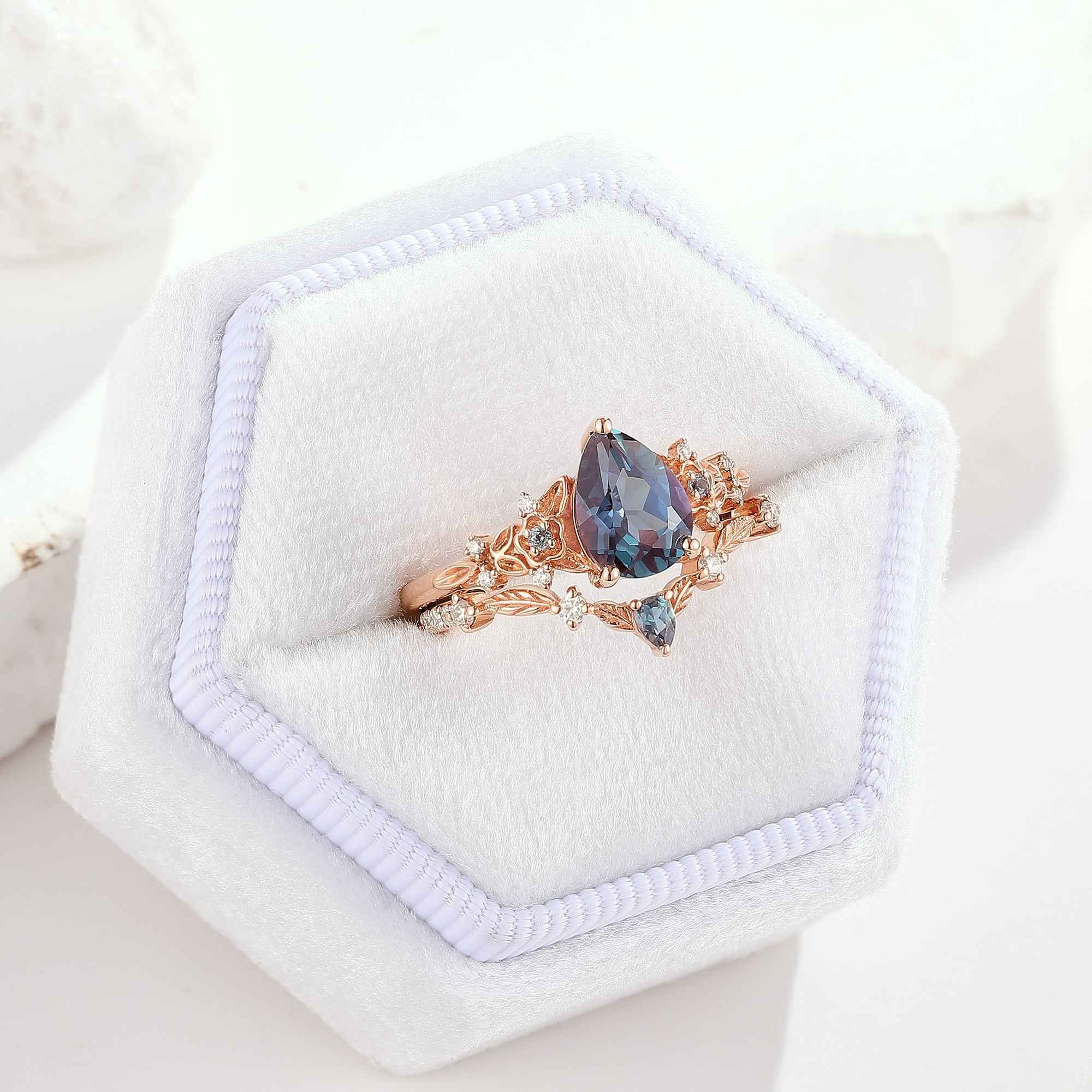 Unique Flora Alexandrite Bridal Set Chevron Wedding Ring 2pcs