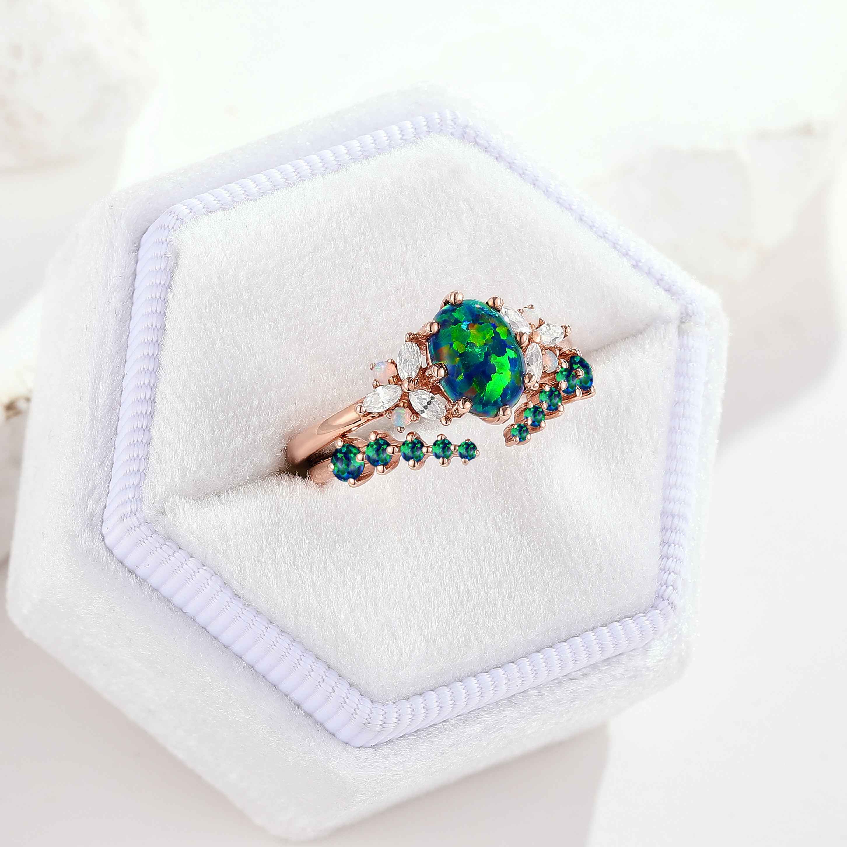 Nautre Inspired Black Opal Stacking Engagement Ring Set 2pcs