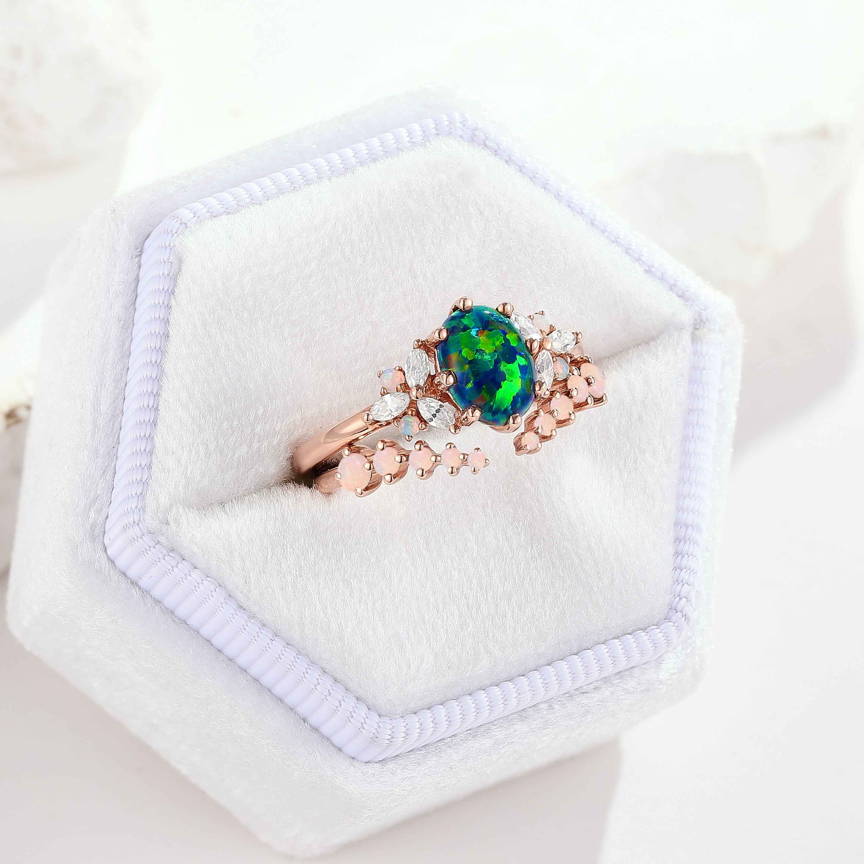 1.5ct Oval Opal Rose Gold  Engagement Ring Set 2pcs