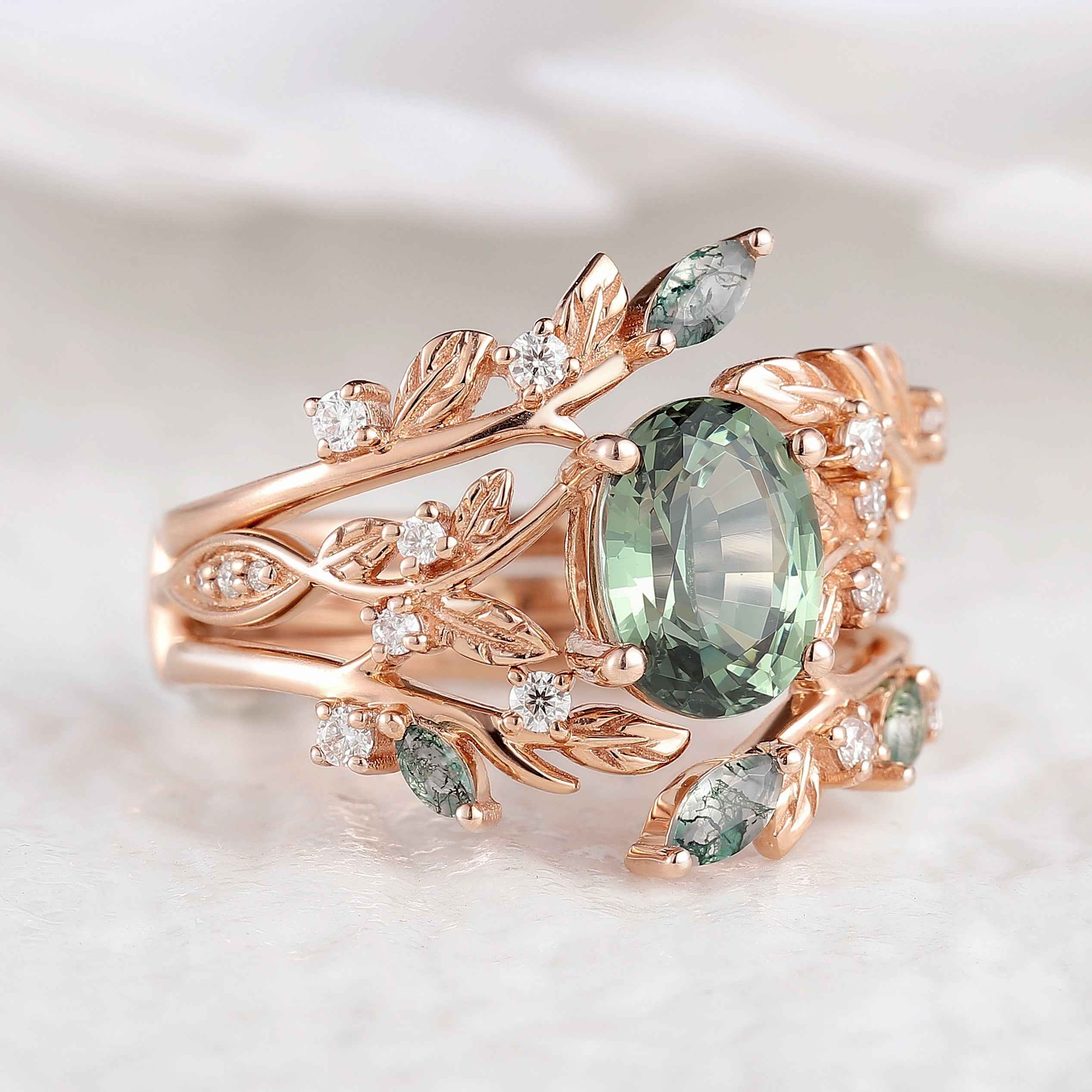 Green Sapphire Engagement Ring Moss Agate Enhancer Leaf Branch Double Wedding Band