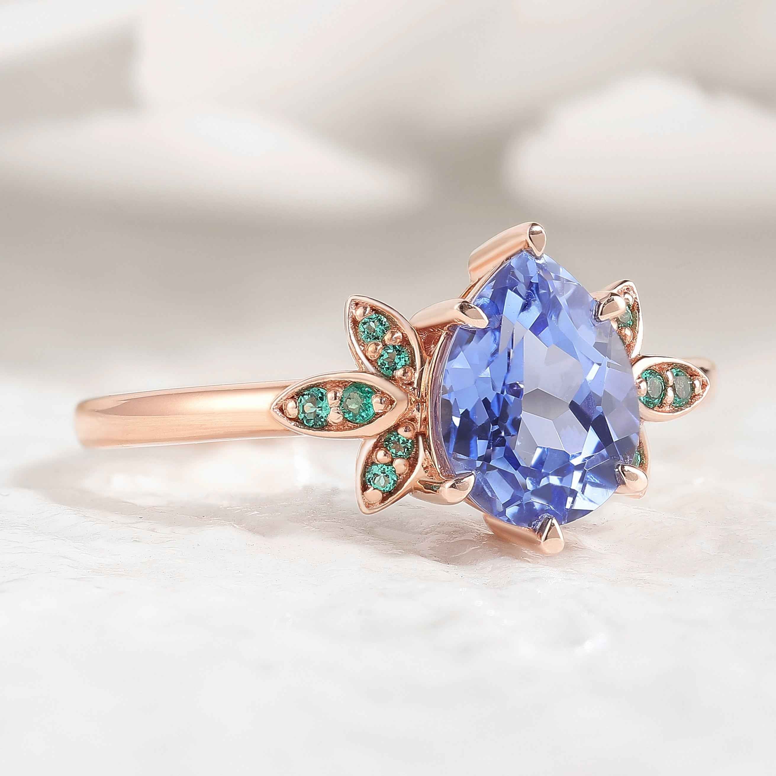 Unique Teardrop Sapphire Engagement Ring Emerald Cluster