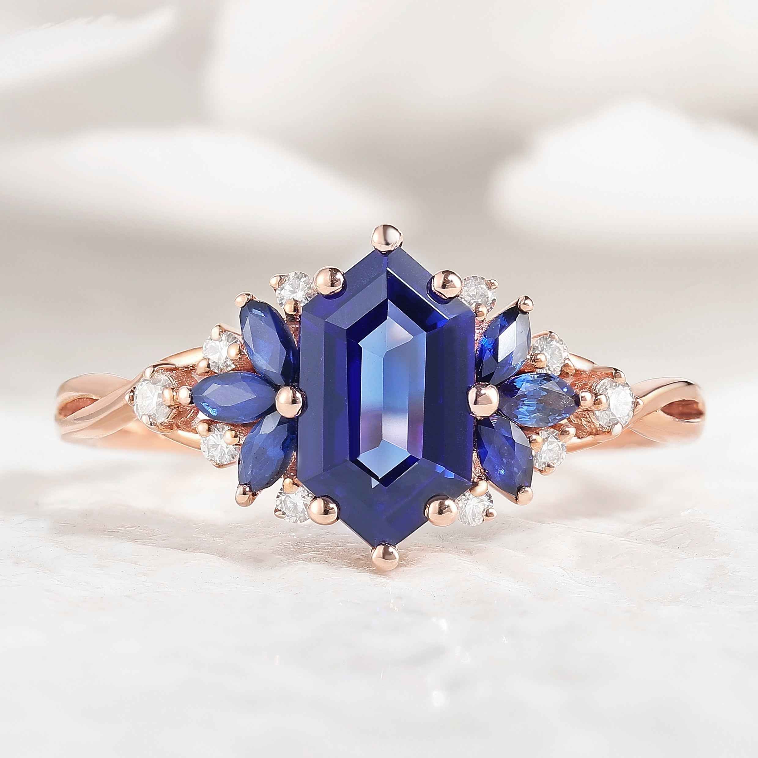 Vintage Hexagon Cut Blue Sapphire Engagement Ring