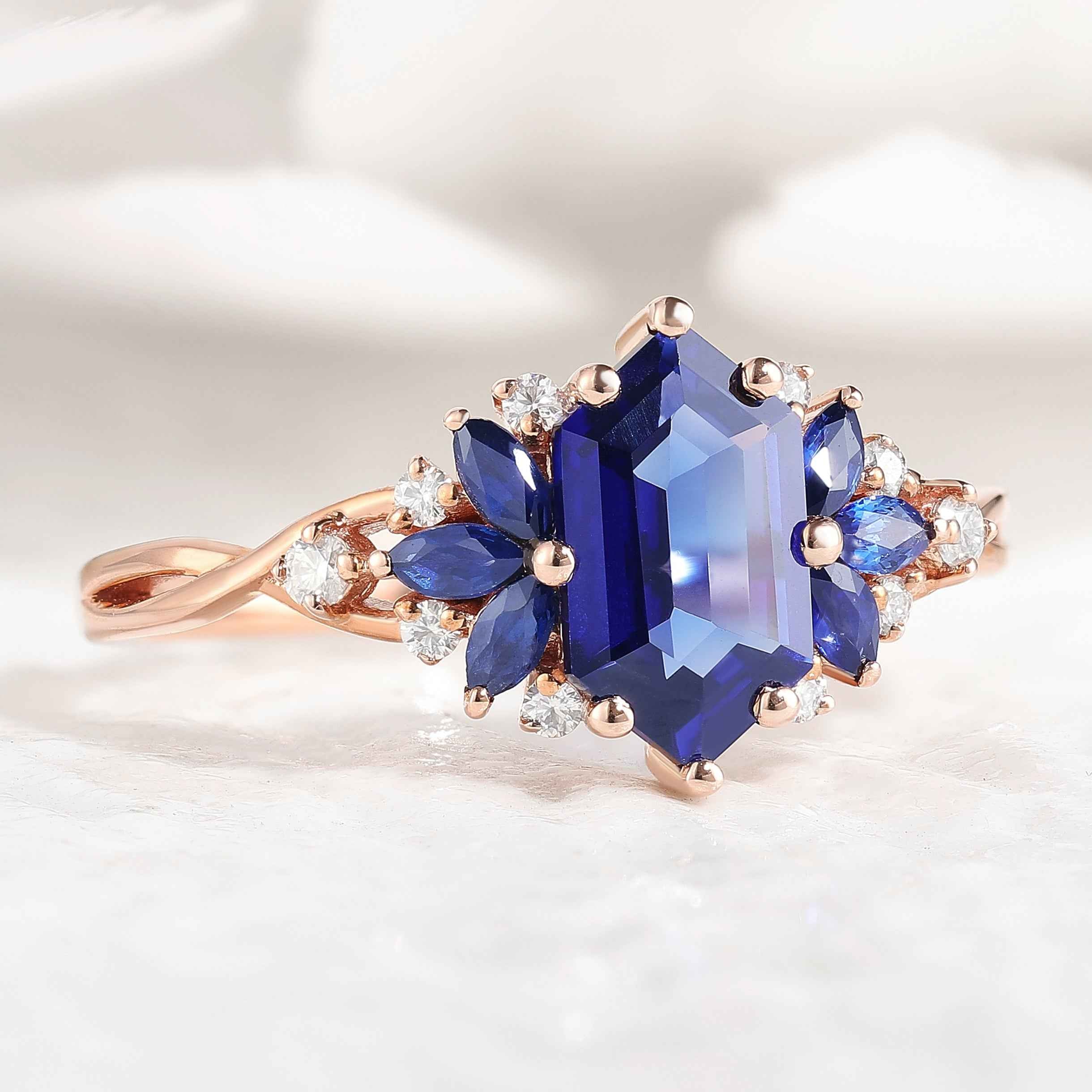 Vintage Hexagon Cut Blue Sapphire Engagement Ring