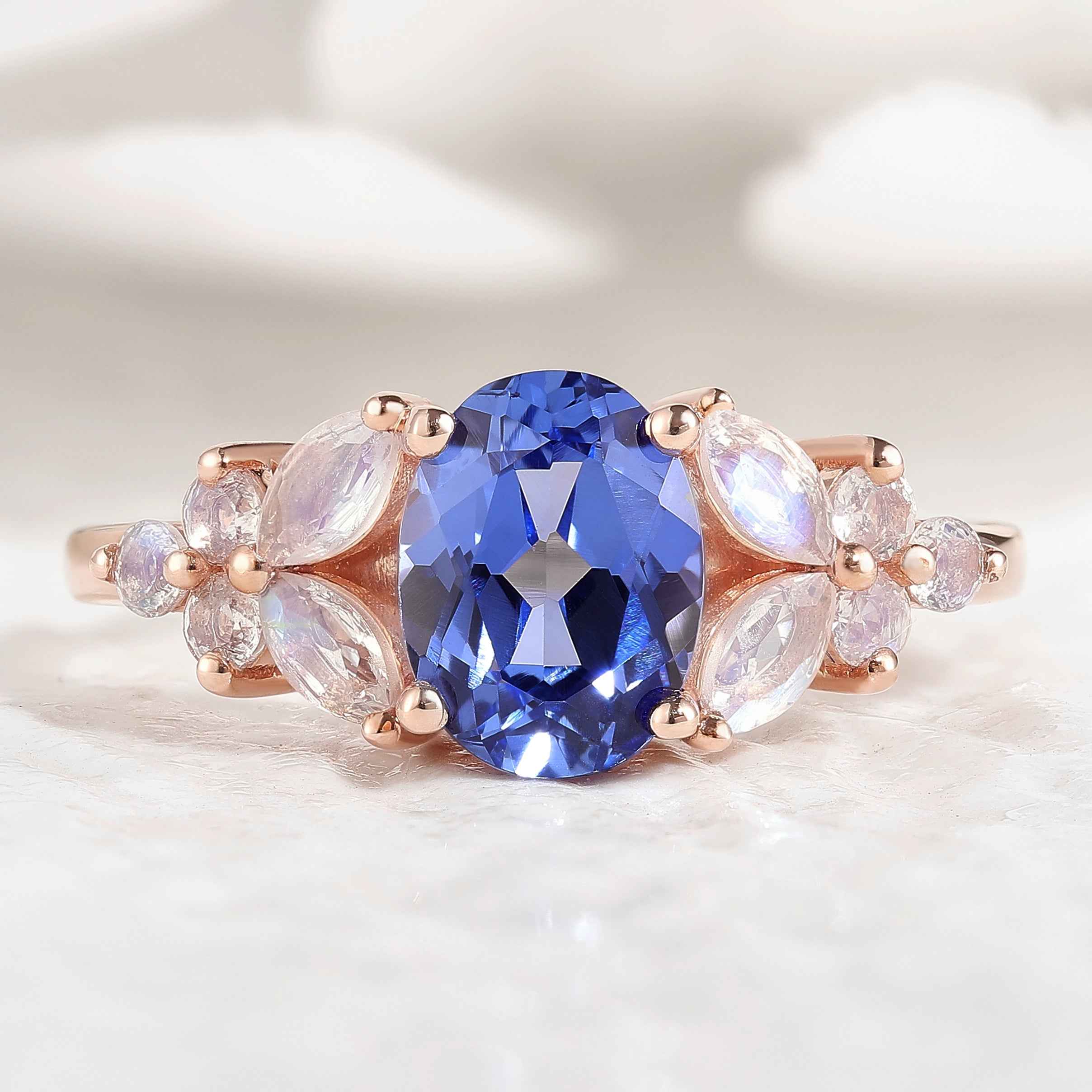 Unique Design Oval Cut Blue Sapphire Engagement Ring Butterfly Moissanite Cluster