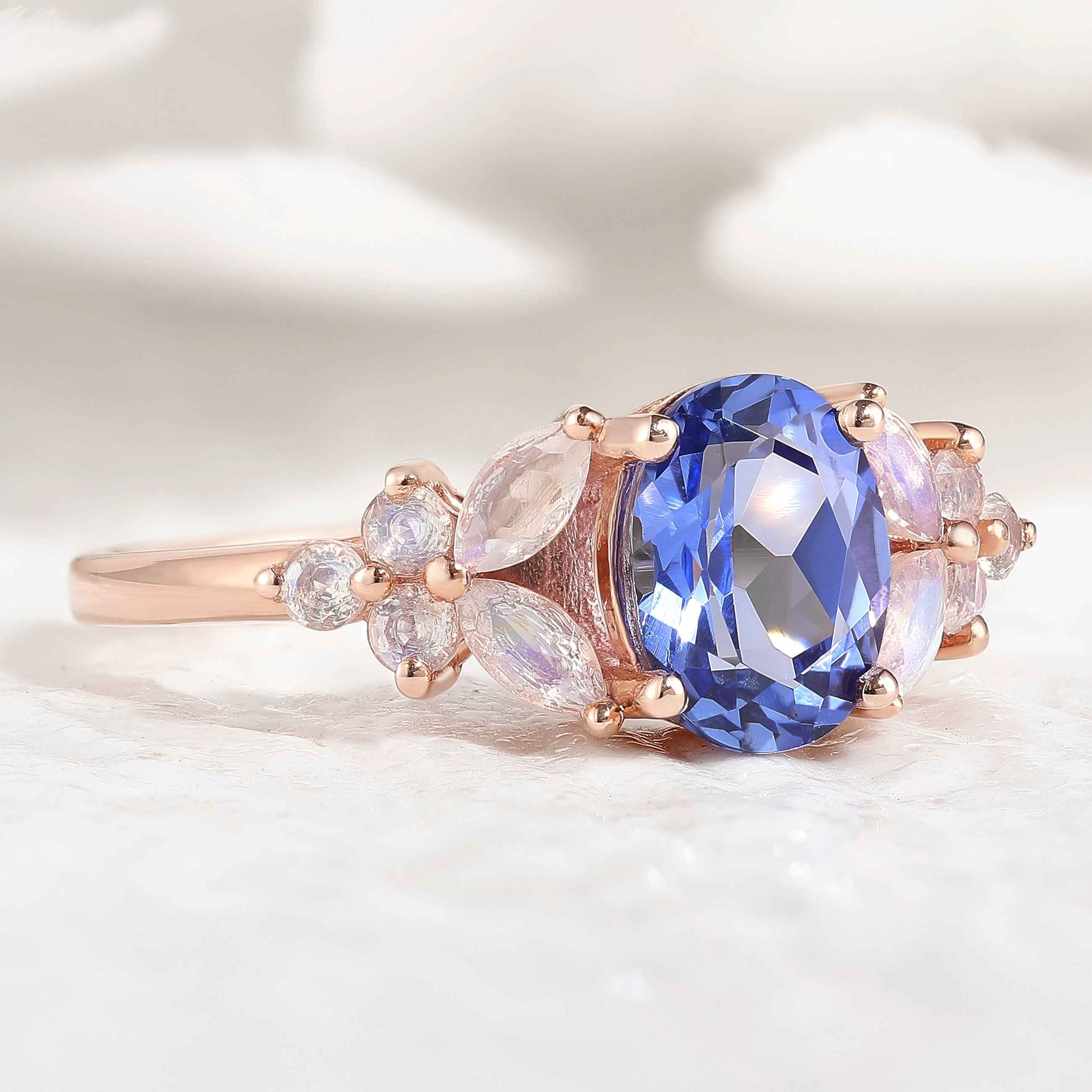 Unique Design Oval Cut Blue Sapphire Engagement Ring Butterfly Moissanite Cluster