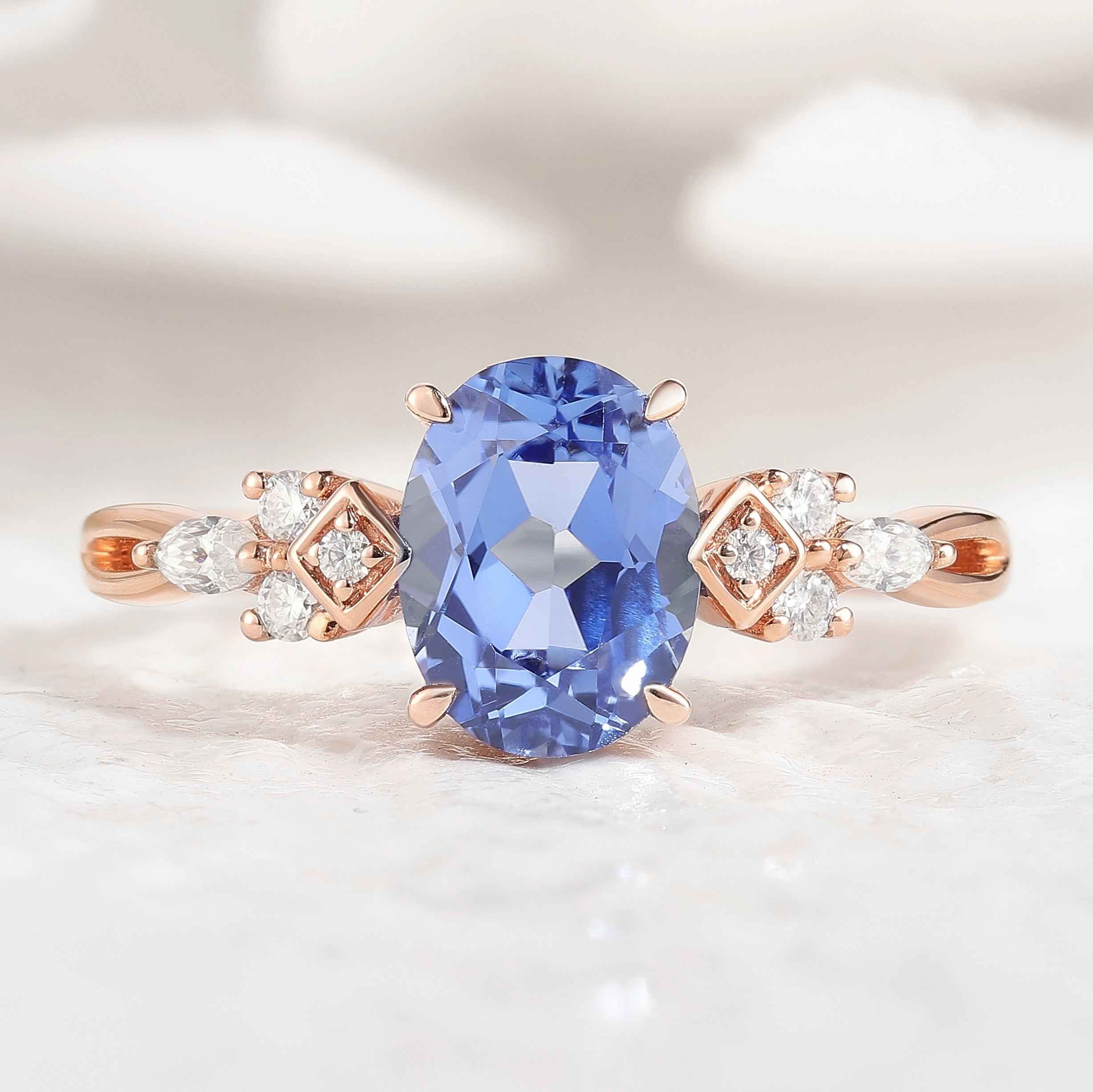 Art Deco Oval Cut Cornflower Sapphire Engagement Ring Rose Gold