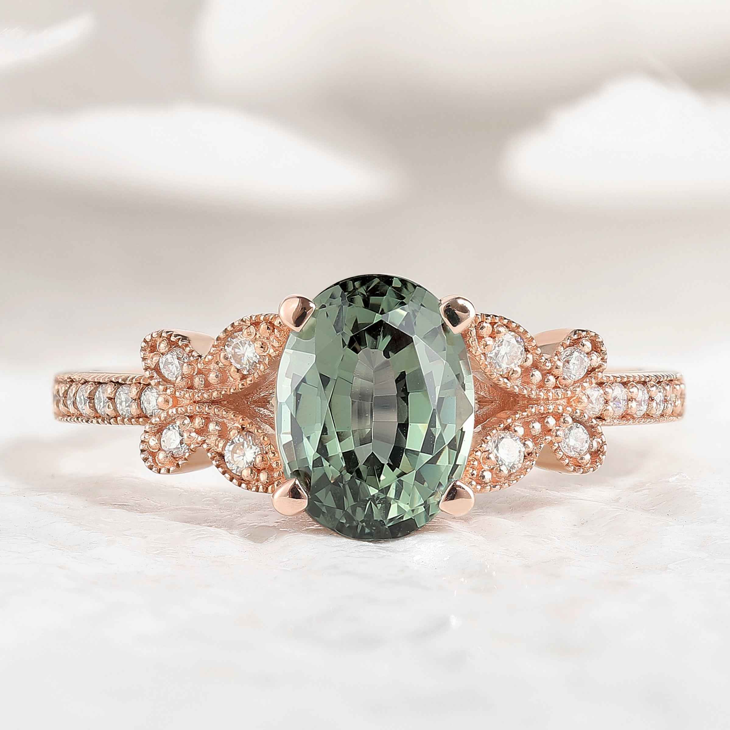 Unique Design Moissanite Cluster Butterfly Green Sapphire Ring