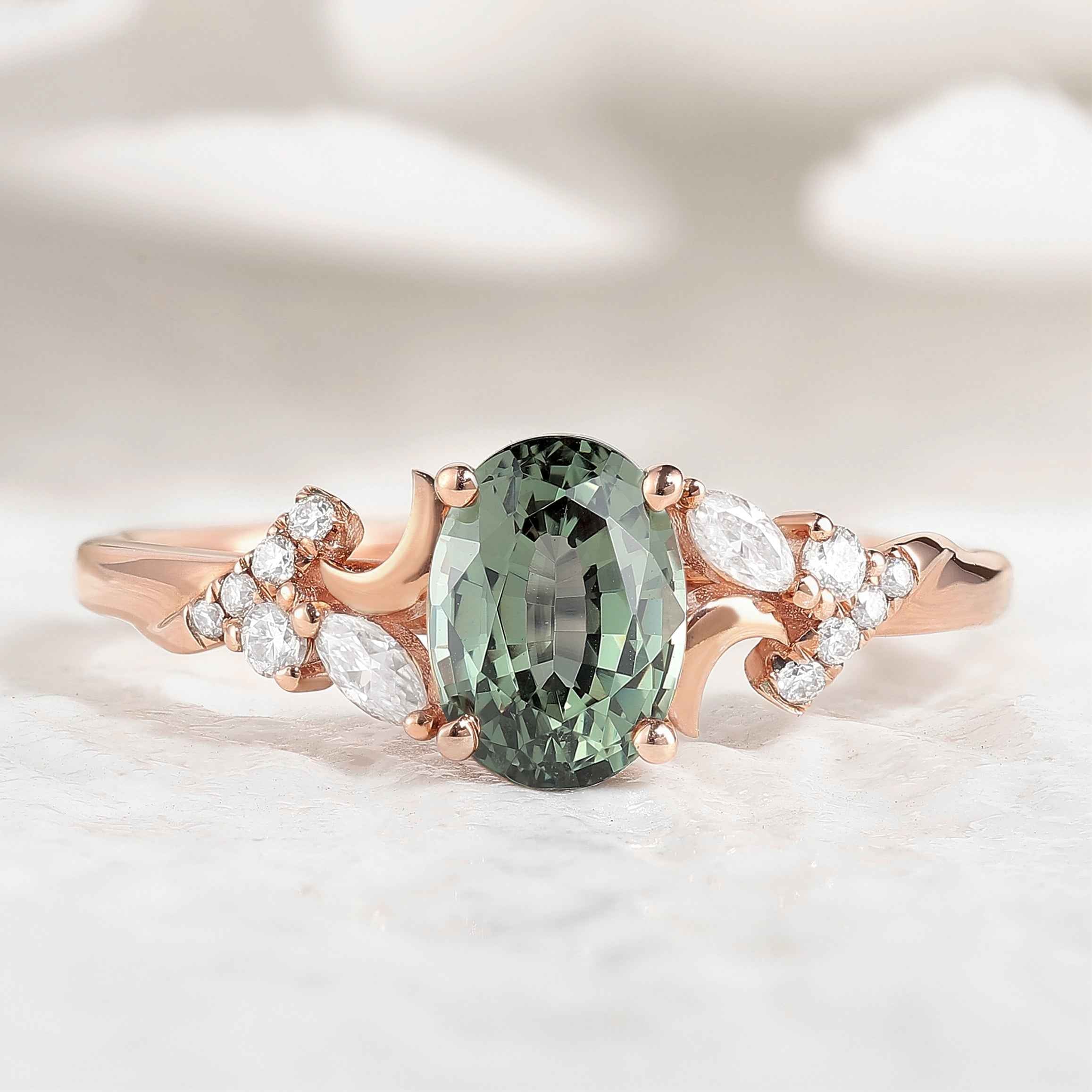 Unique Design Moon Oval Cut Green Sapphire Engagement Ring