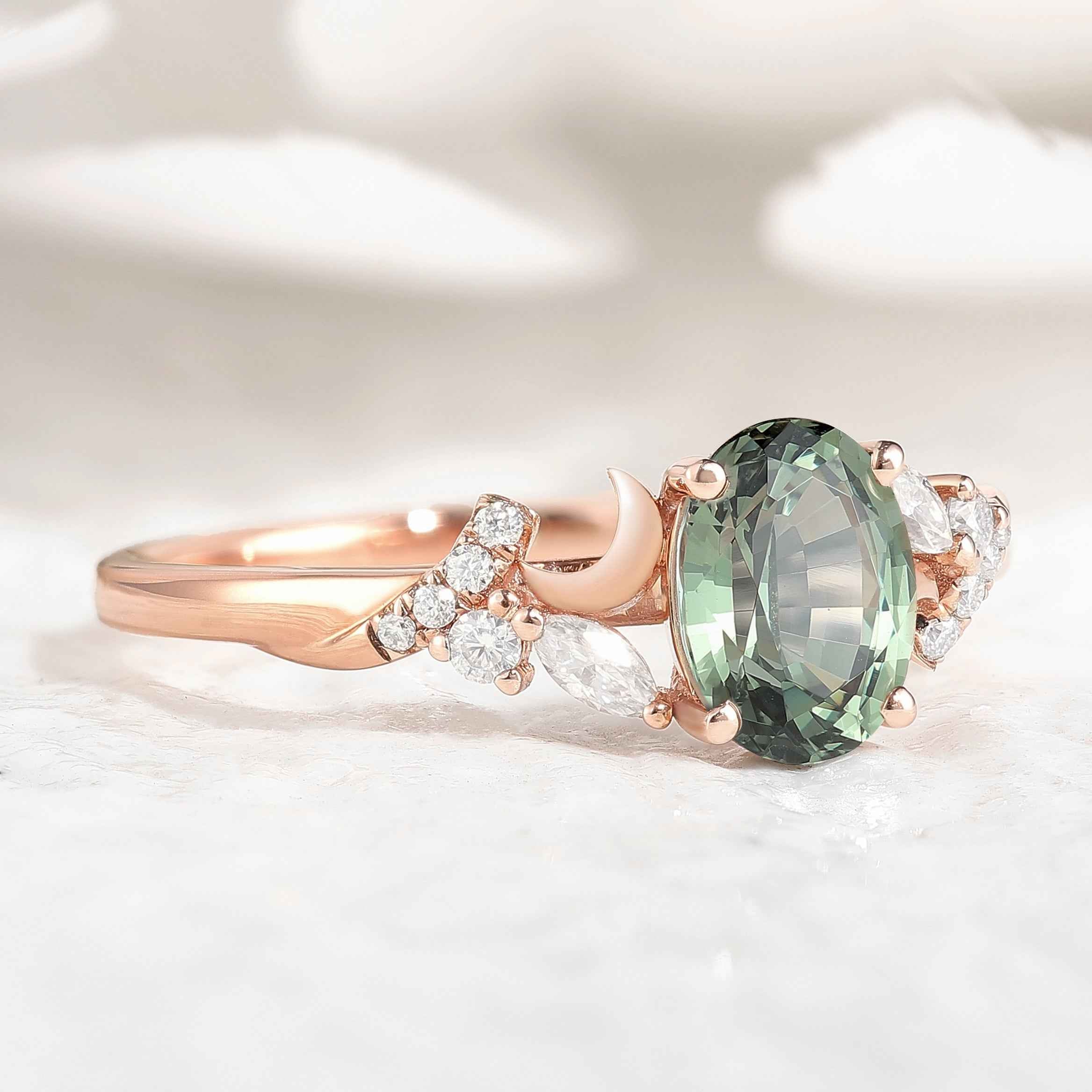 Unique Design Moon Oval Cut Green Sapphire Engagement Ring