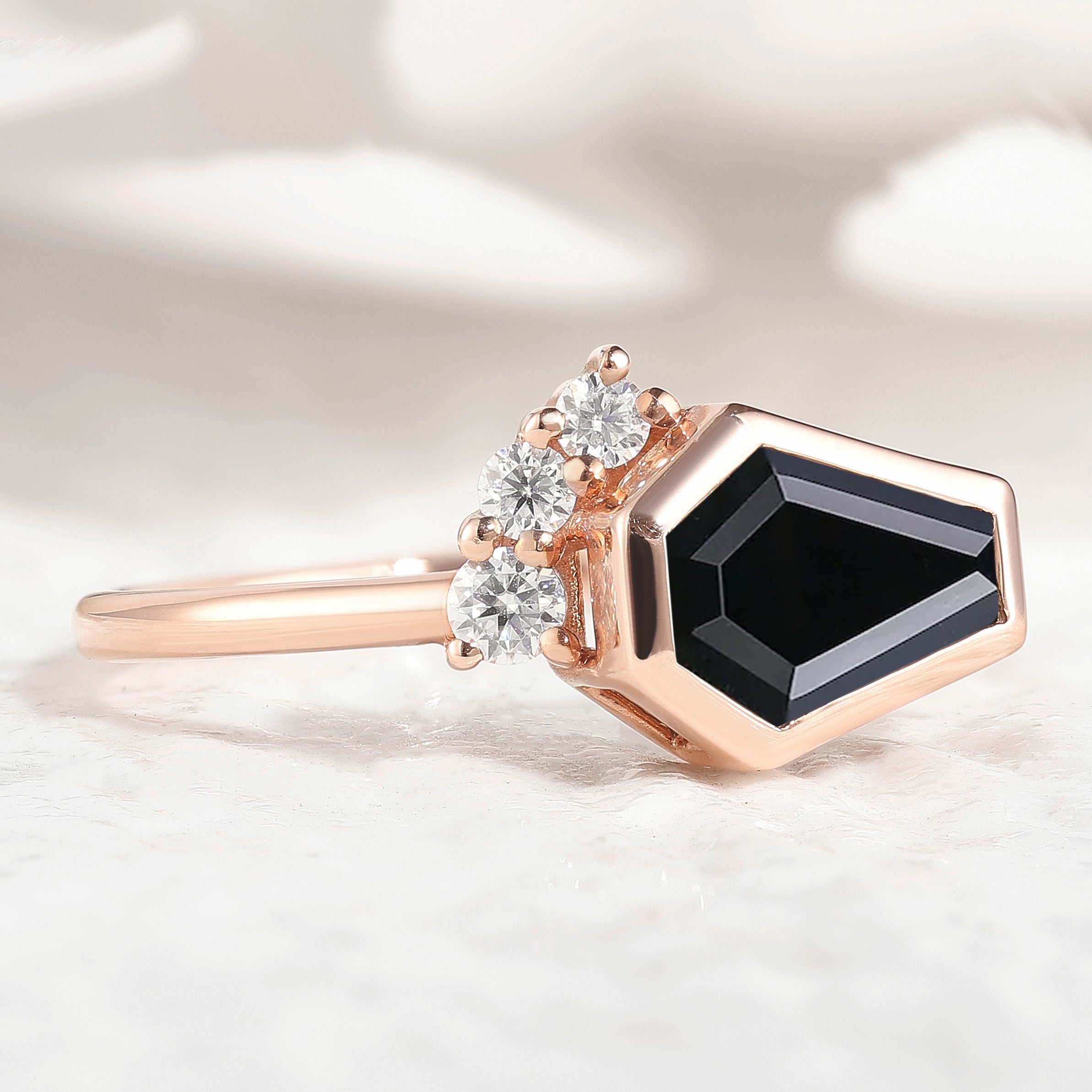 Black Onyx Coffin Cut Engagement Ring with Diamond Accents