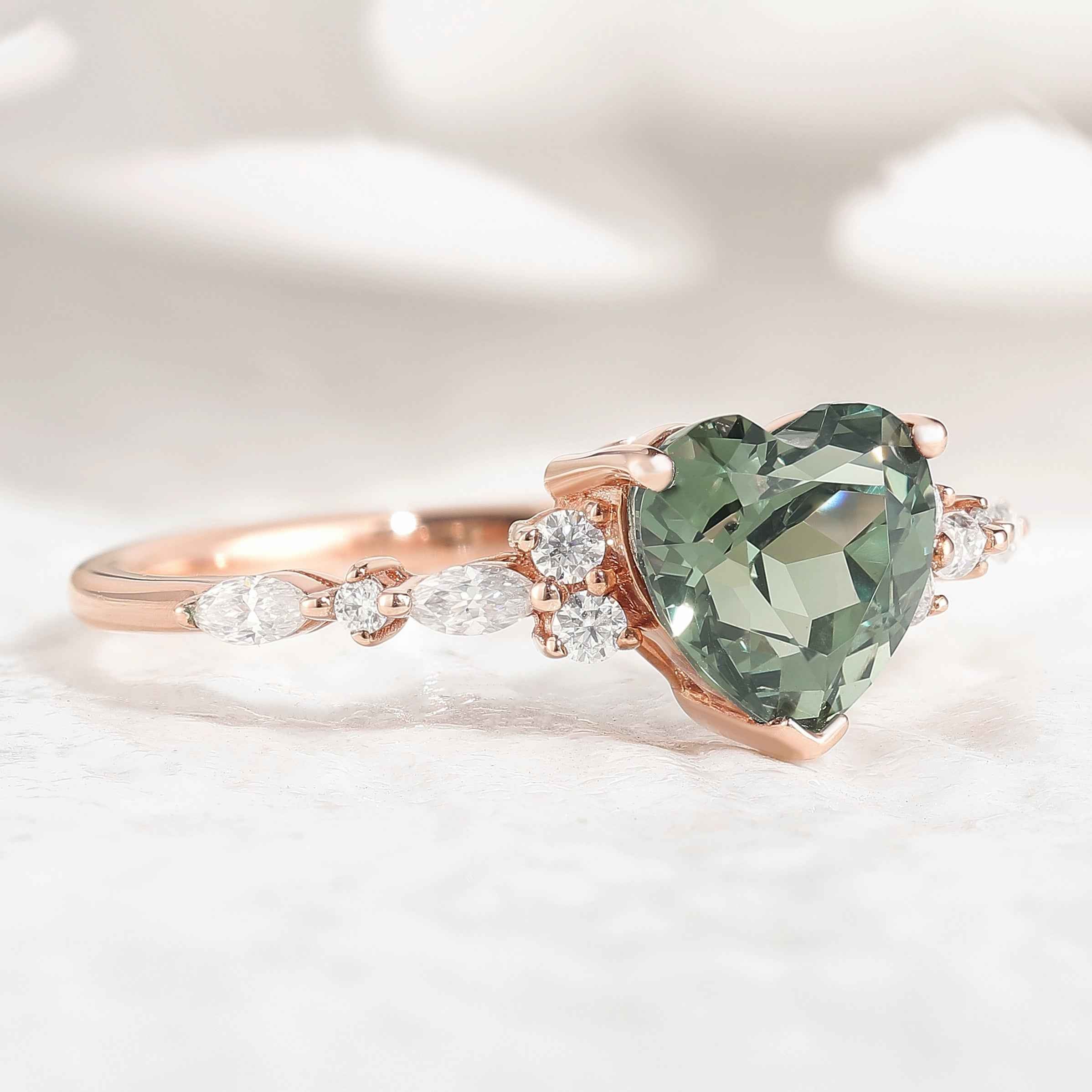 Classic Heart Shaped Green Sapphire Ring Moissanite Cluster