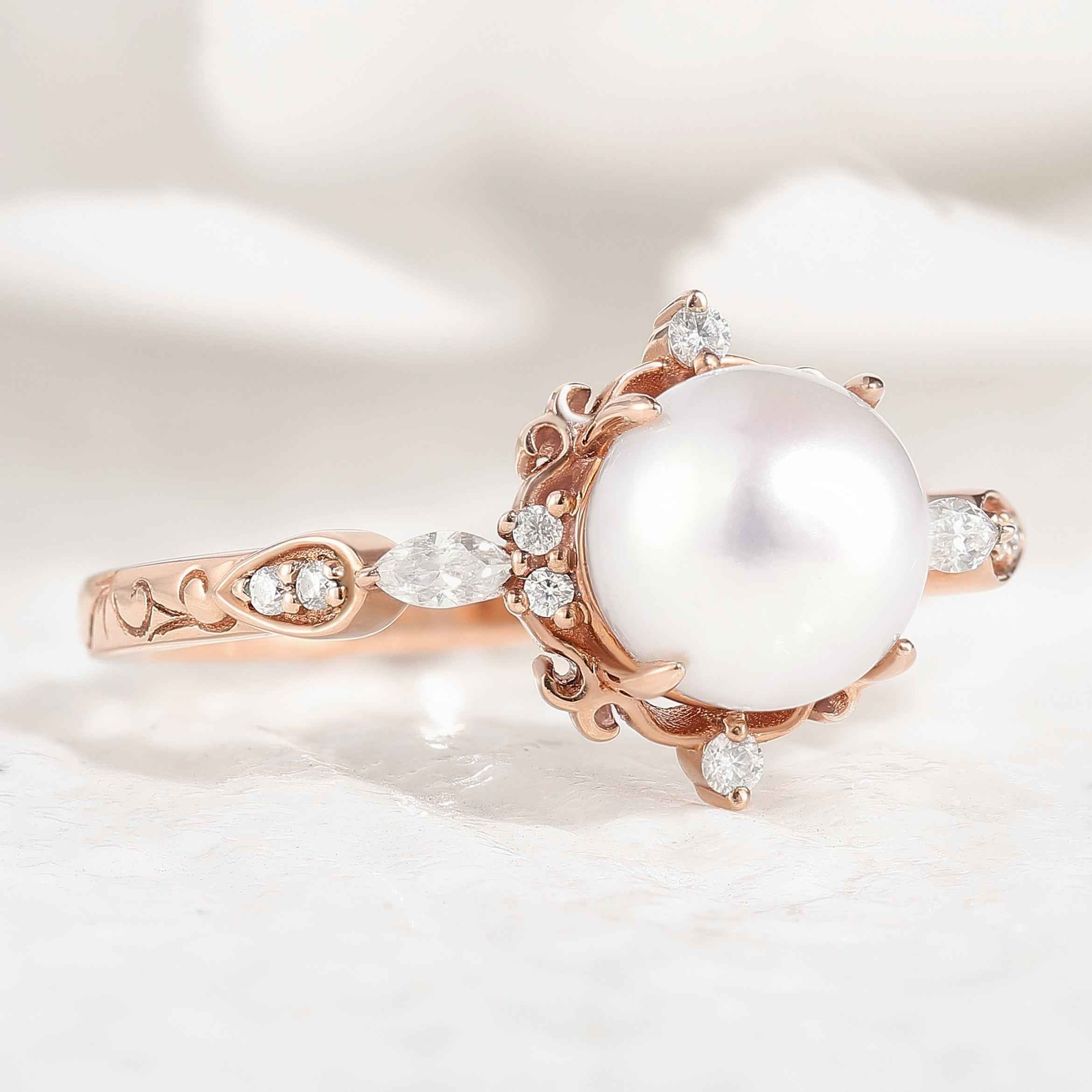 Vintage Natural Akoya Pearl Engagement Ring Moissanite Cluster Ring