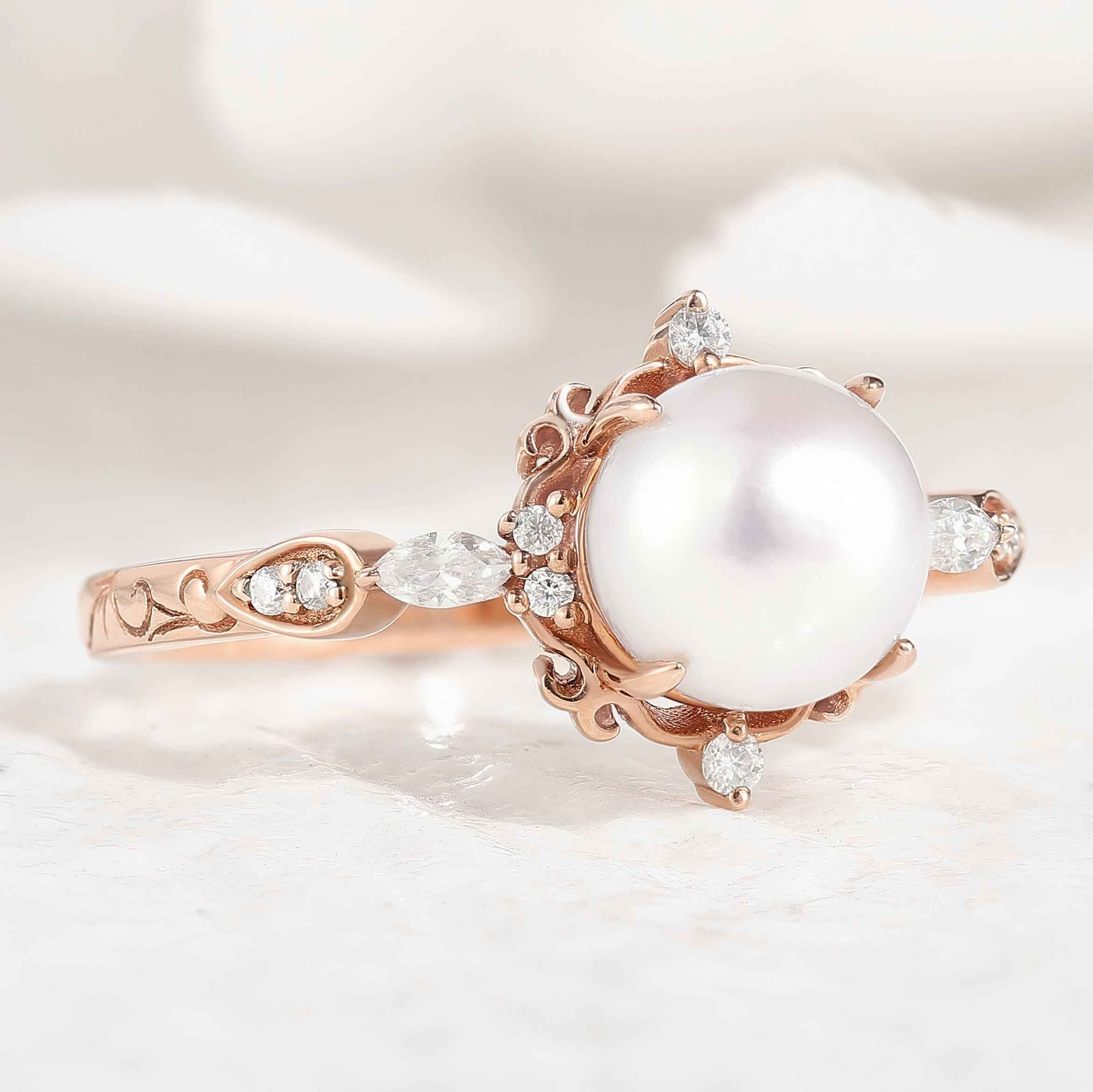 Vintage Natural Akoya Pearl Engagement Ring Moissanite Cluster Ring