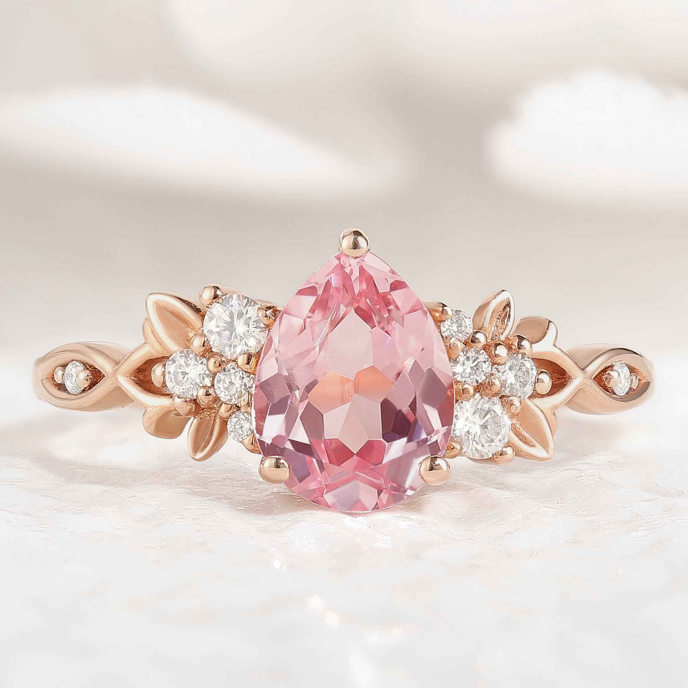 Natural Inspired Leaf Ring Pear Cut Pink Sapphire Engagement Ring