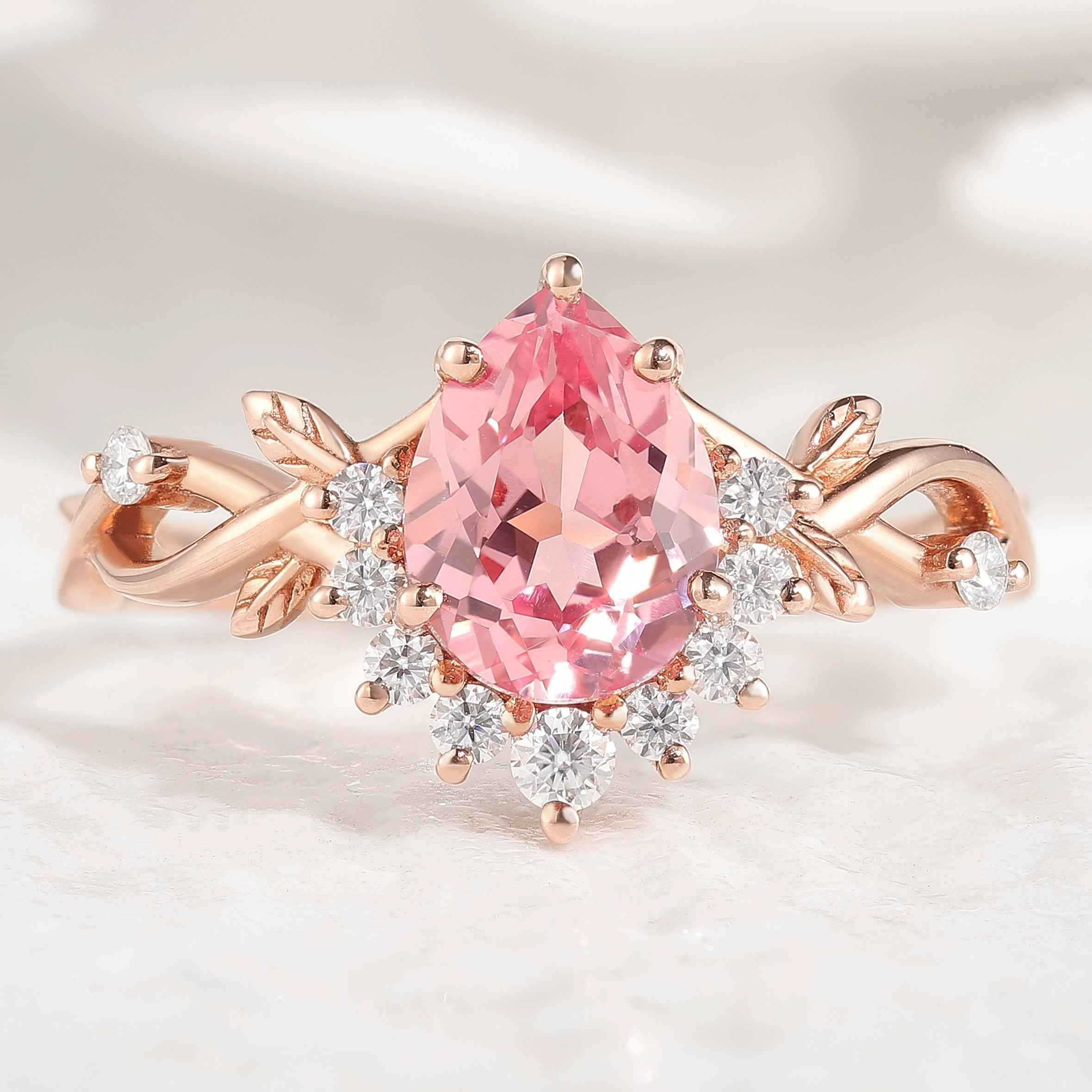 Nature Leaf Ring Pear Cut Pink Sapphire Engagement Ring