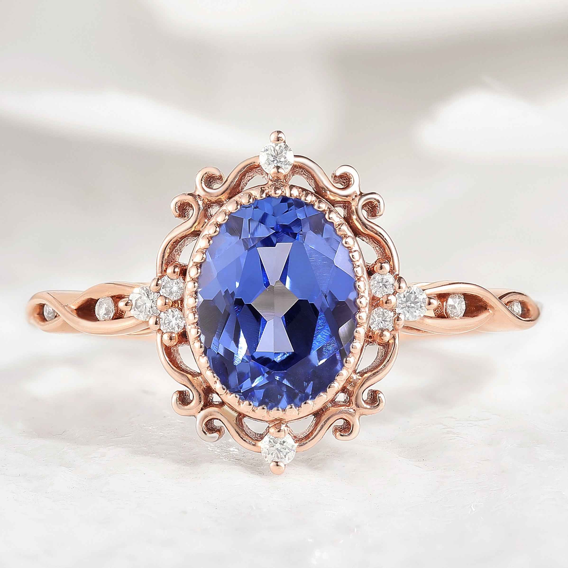 Vintage Oval Cut Lab Blue Sapphire Engagement Ring