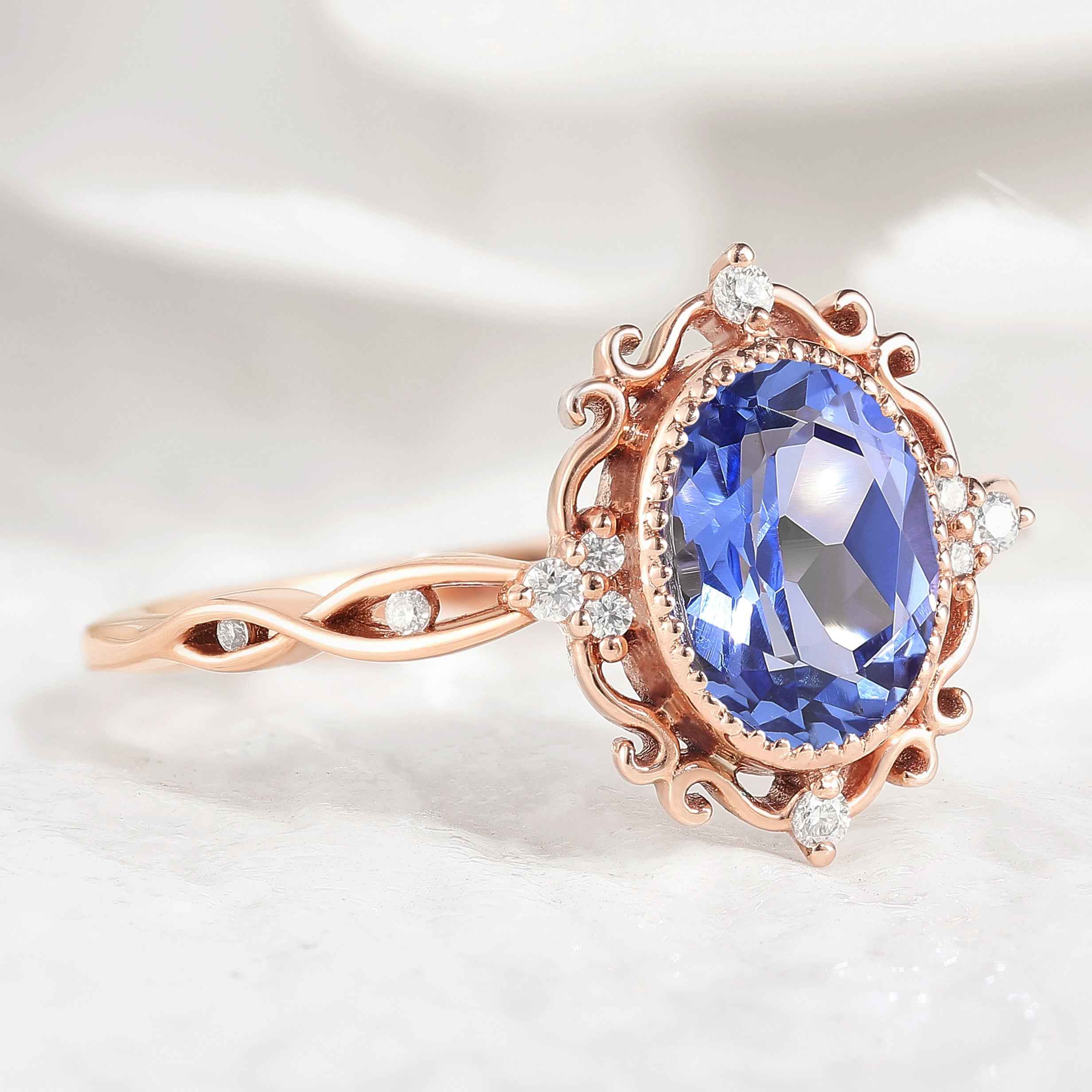 Vintage Oval Cut Lab Blue Sapphire Engagement Ring