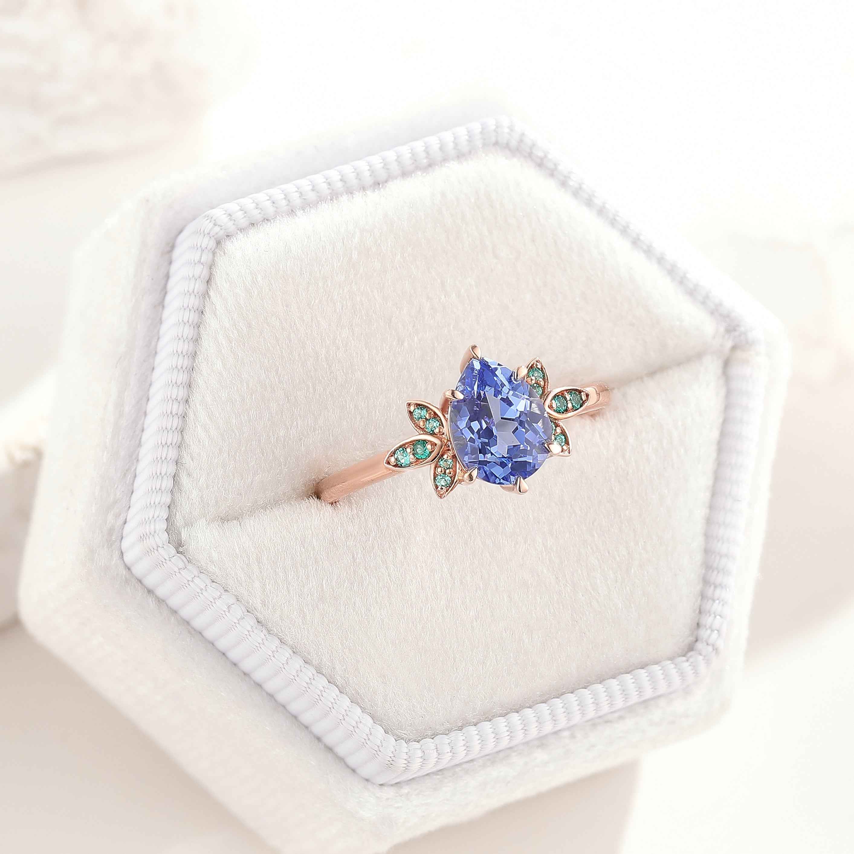 Unique Teardrop Sapphire Engagement Ring Emerald Cluster