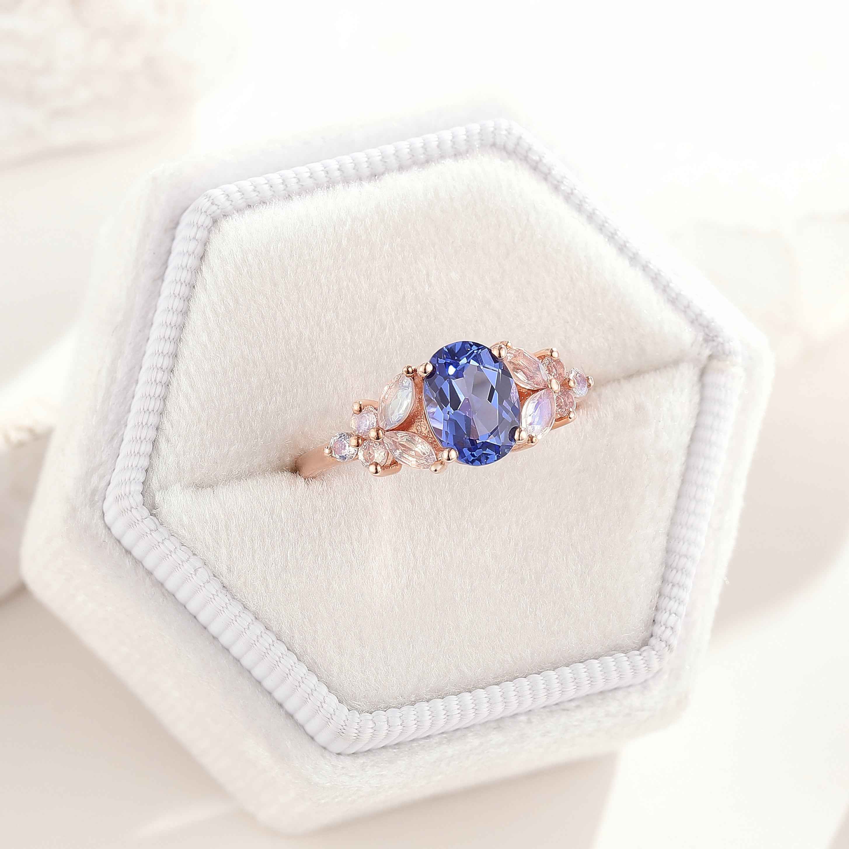 Unique Design Oval Cut Blue Sapphire Engagement Ring Butterfly Moissanite Cluster