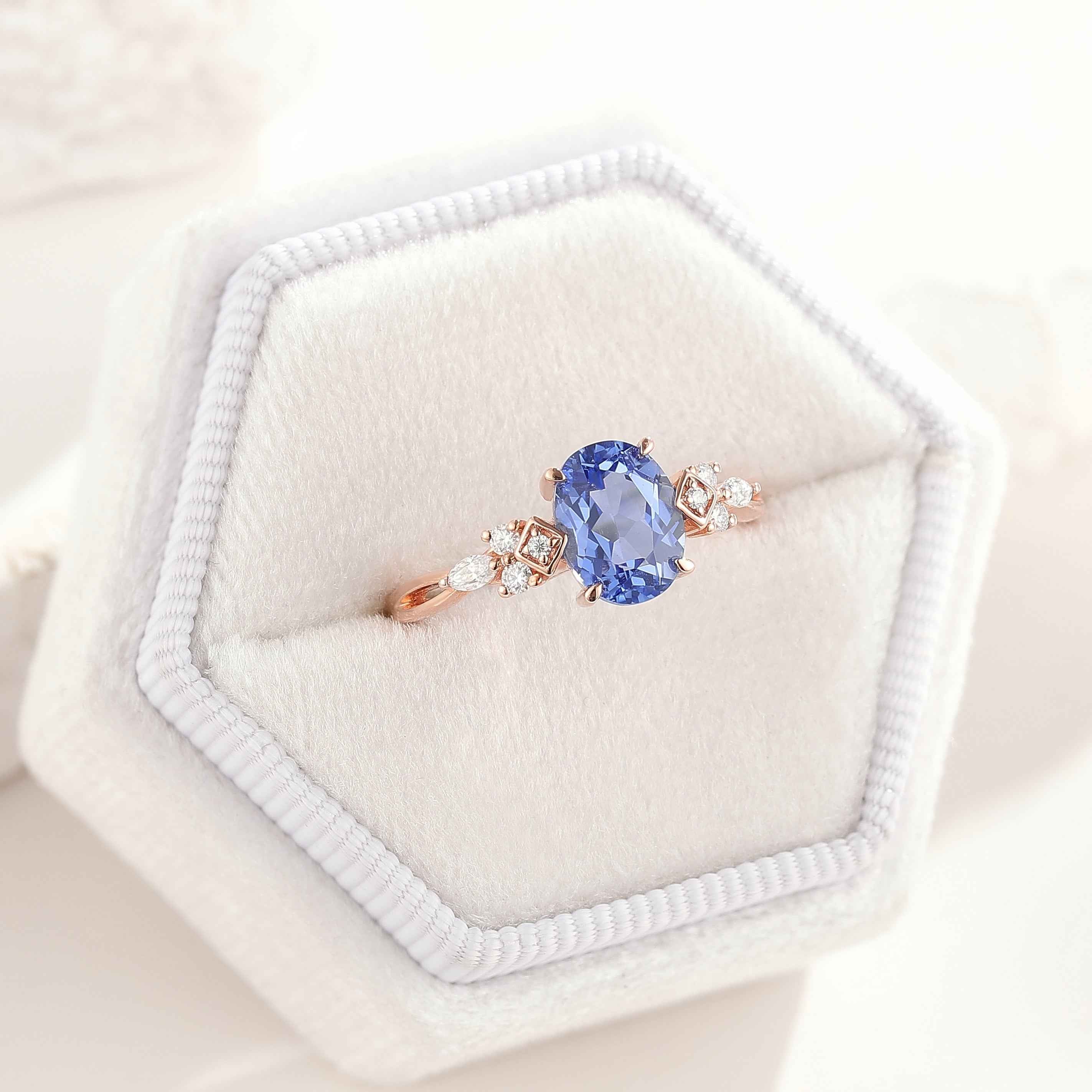 Art Deco Oval Cut Cornflower Sapphire Engagement Ring Rose Gold