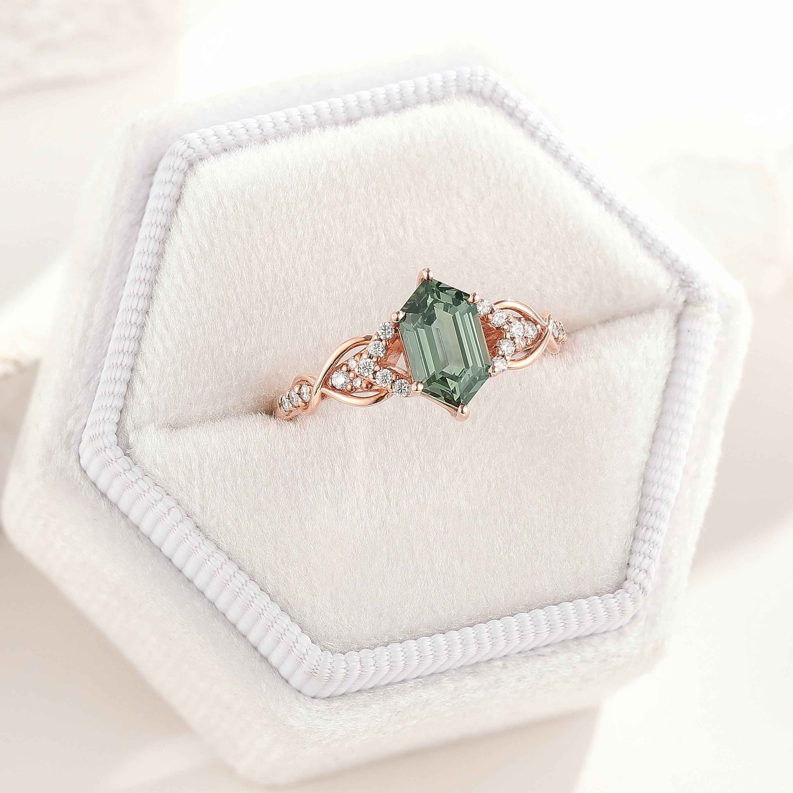 Long Hexagon Green Sapphire Engagement Ring Twisted Design Moissanite Cluster