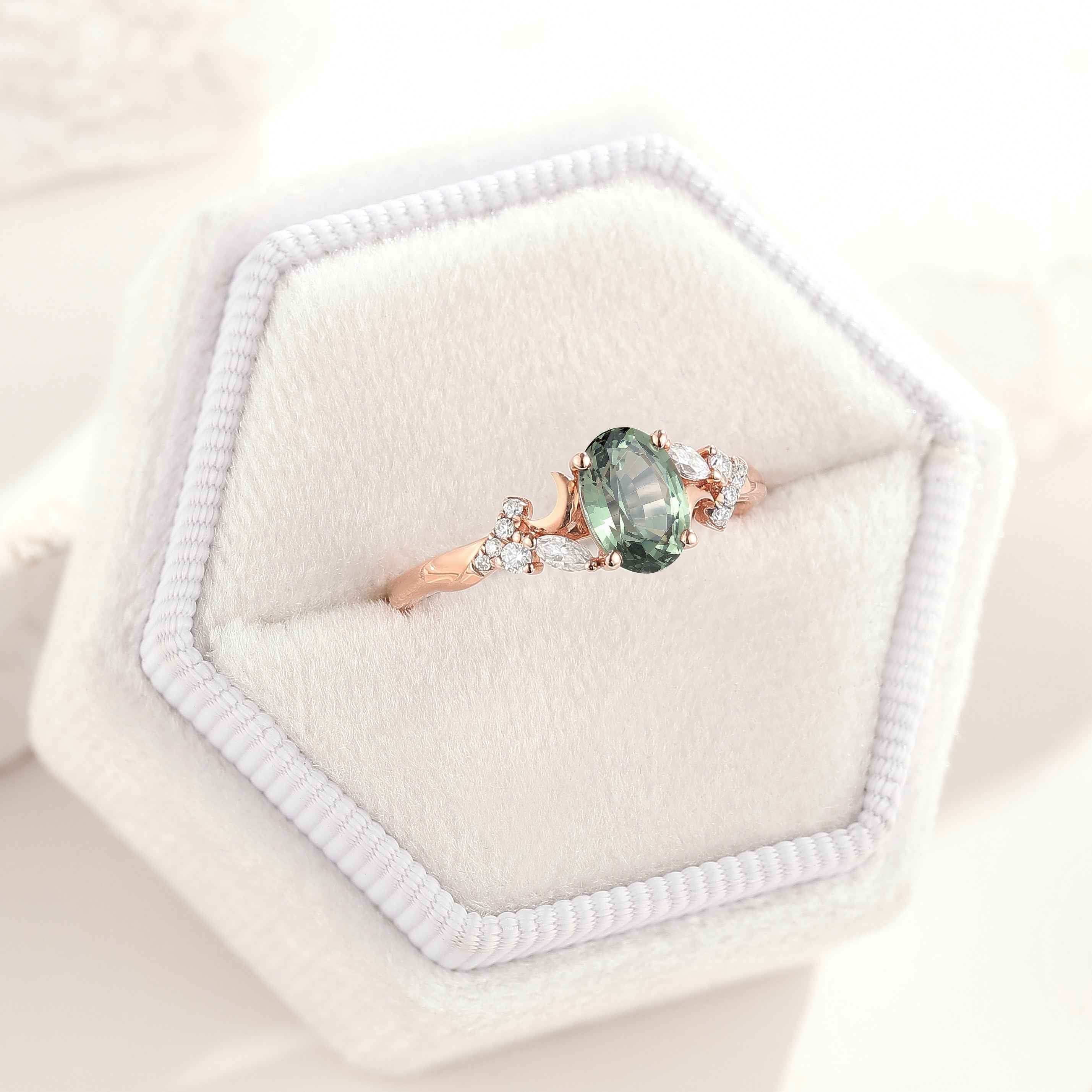 Unique Design Moon Oval Cut Green Sapphire Engagement Ring