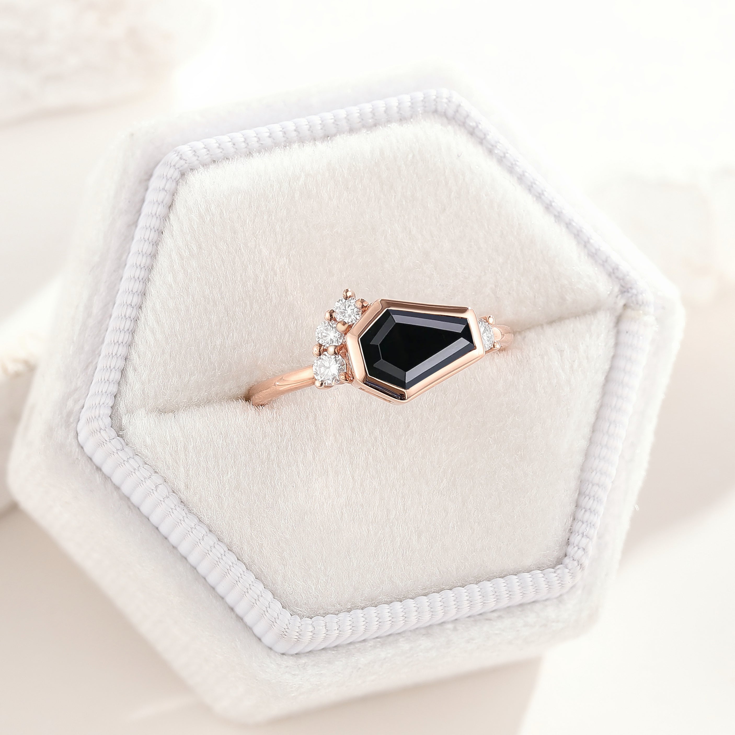 Black Onyx Coffin Cut Engagement Ring, Rose Gold Setting