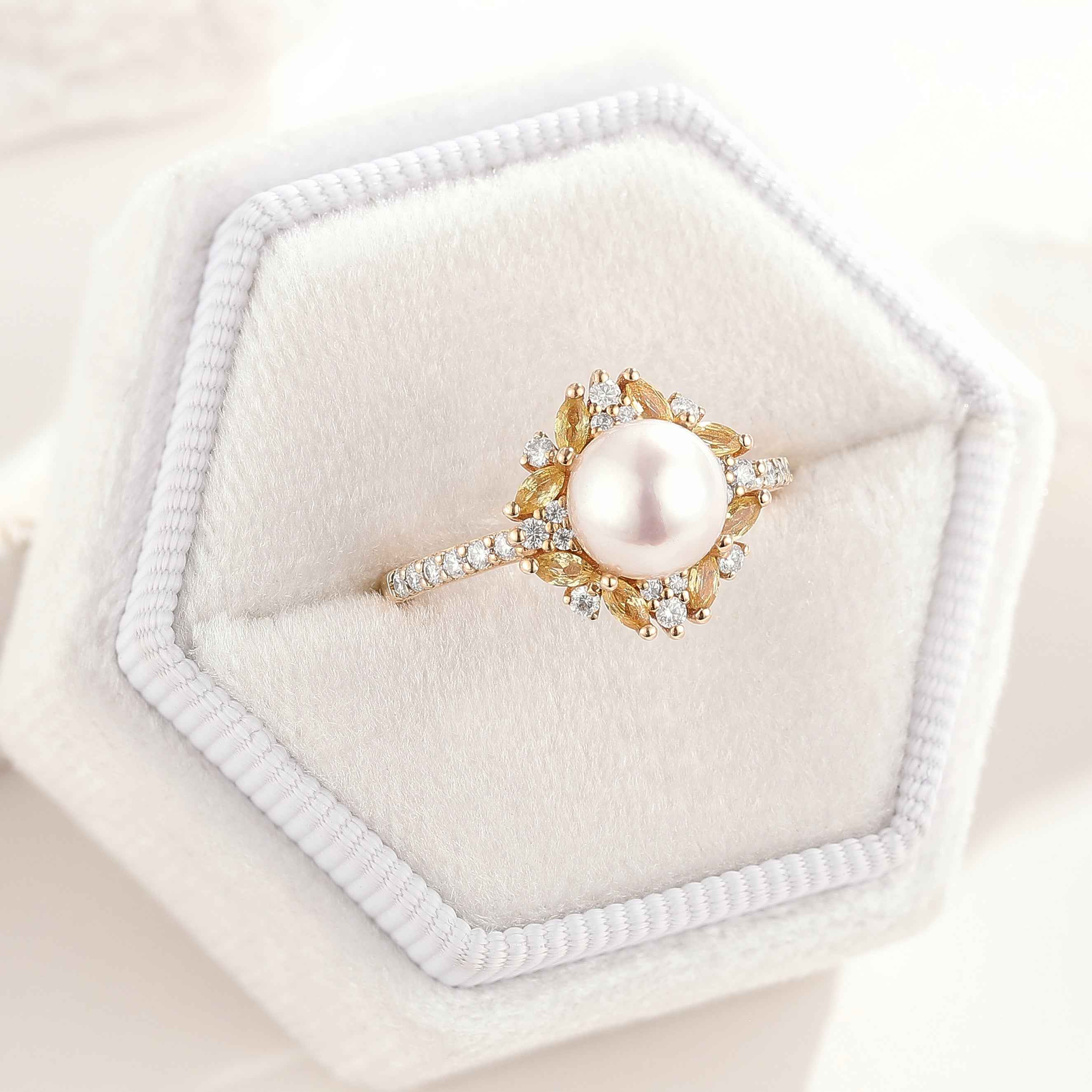 Vintage Akoya Pearl Engagement Ring Citrine & Moissanite Cluster