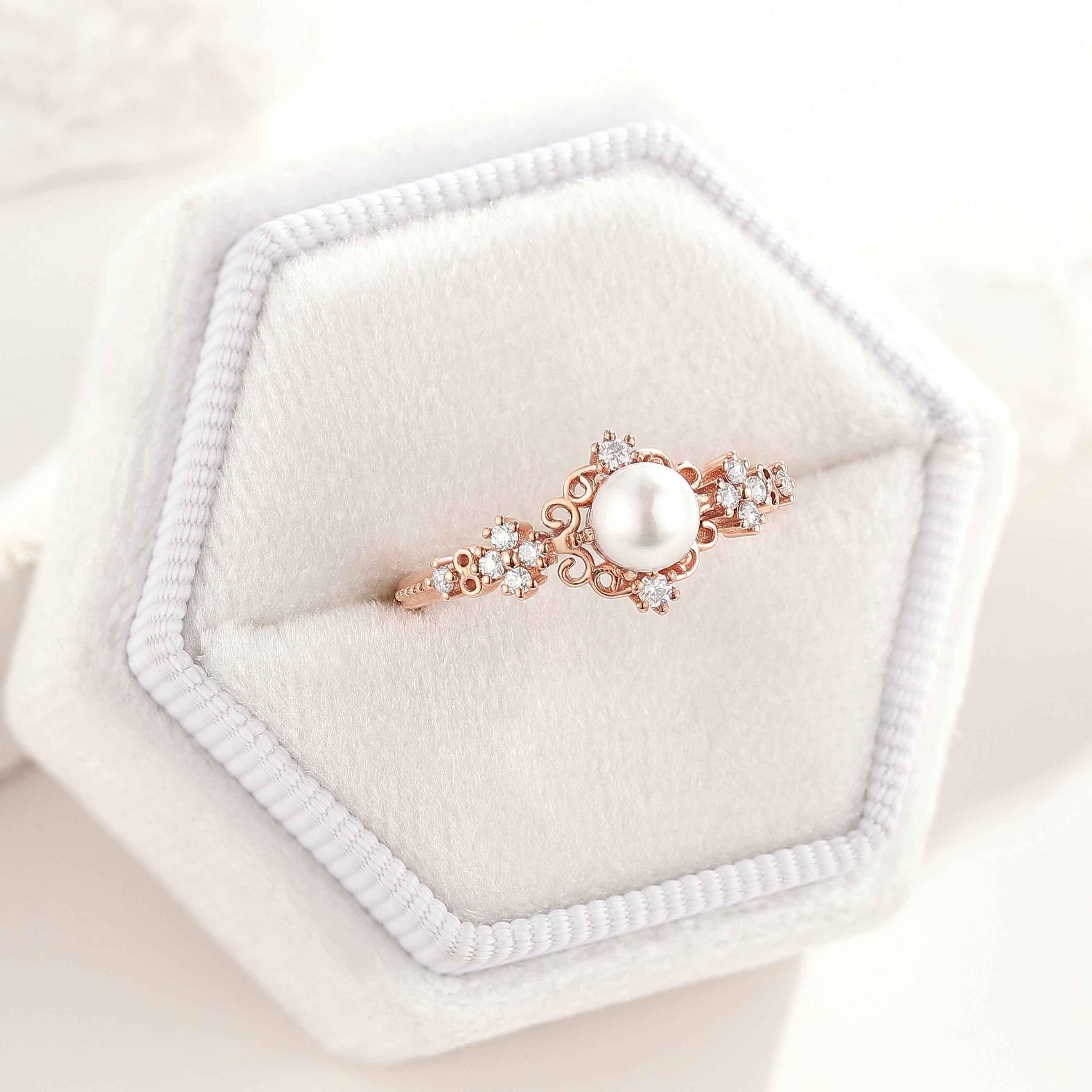 Signature Vintage Natural Akoya Pearl Engagement Ring Rose Gold Ring