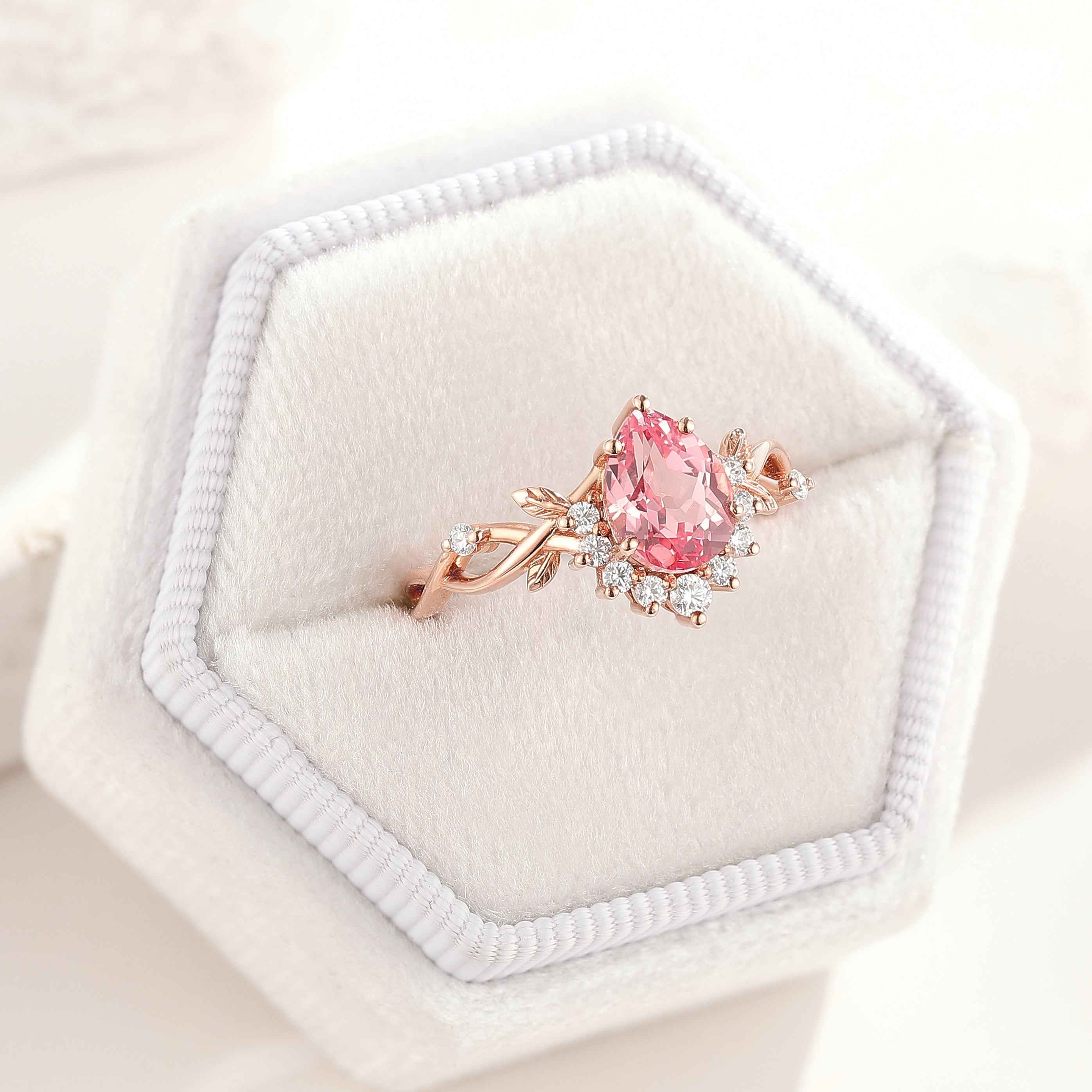 Nature Leaf Ring Pear Cut Pink Sapphire Engagement Ring
