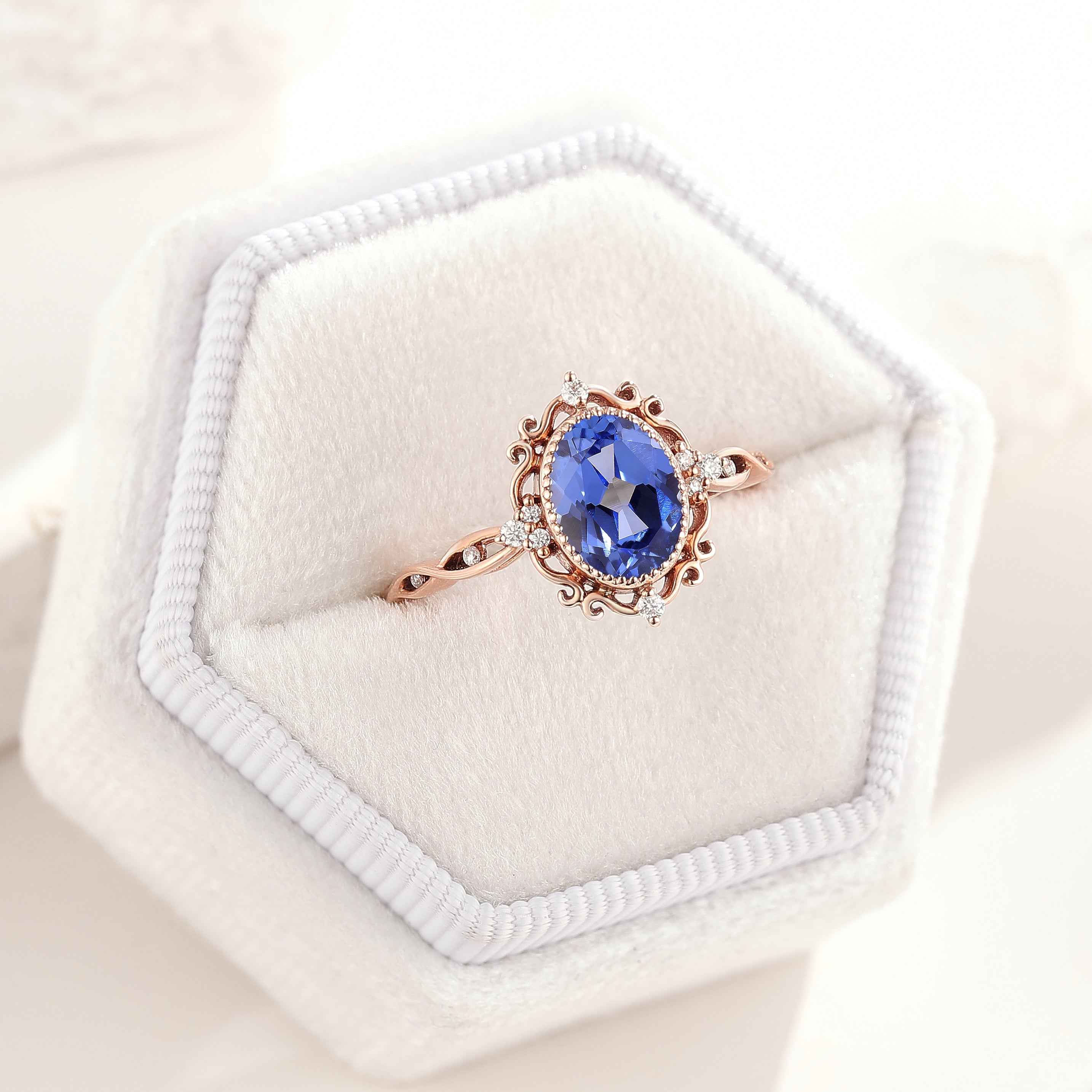 Vintage Oval Cut Lab Blue Sapphire Engagement Ring