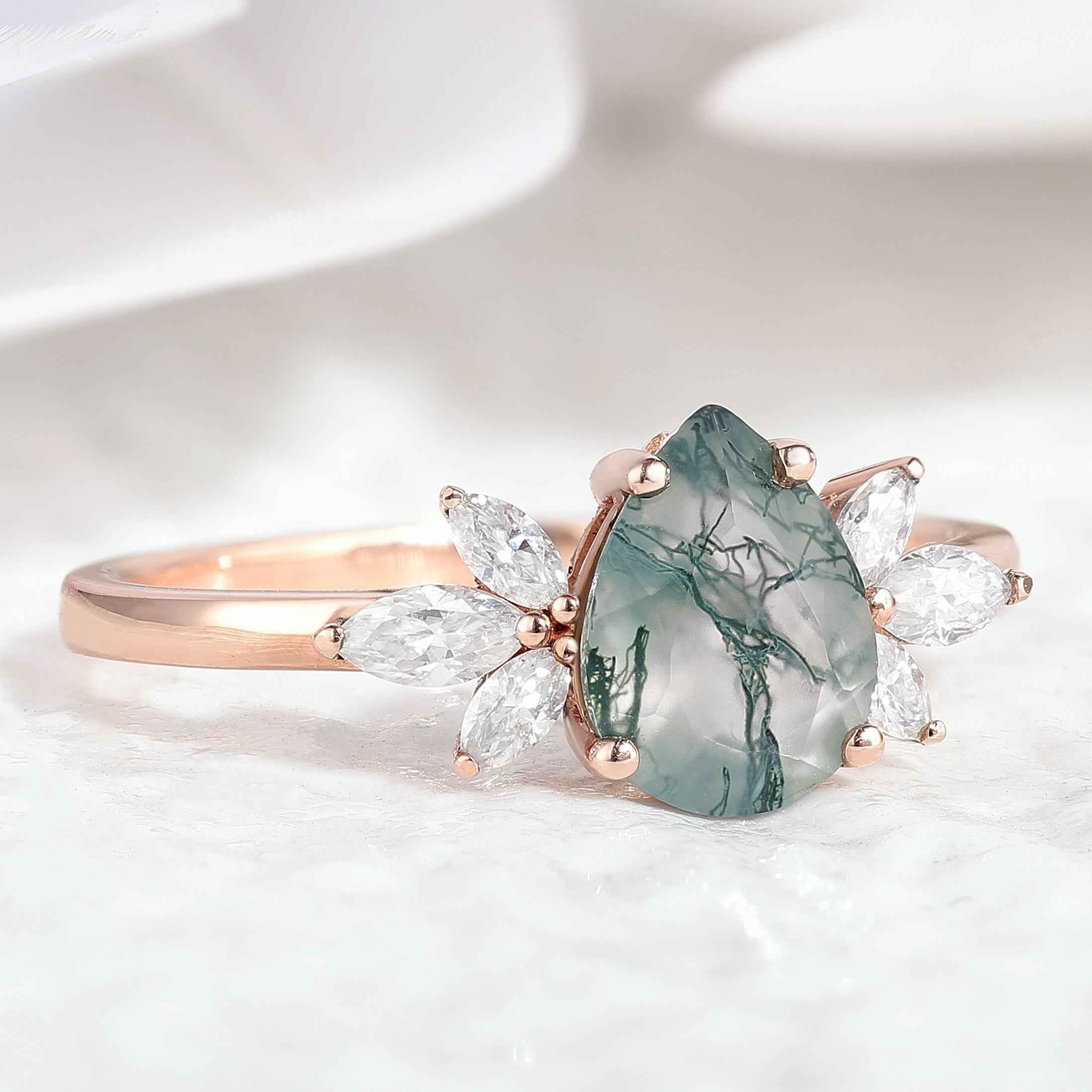 Unique Pear Cut Moss Agate Engagement Ring For Women