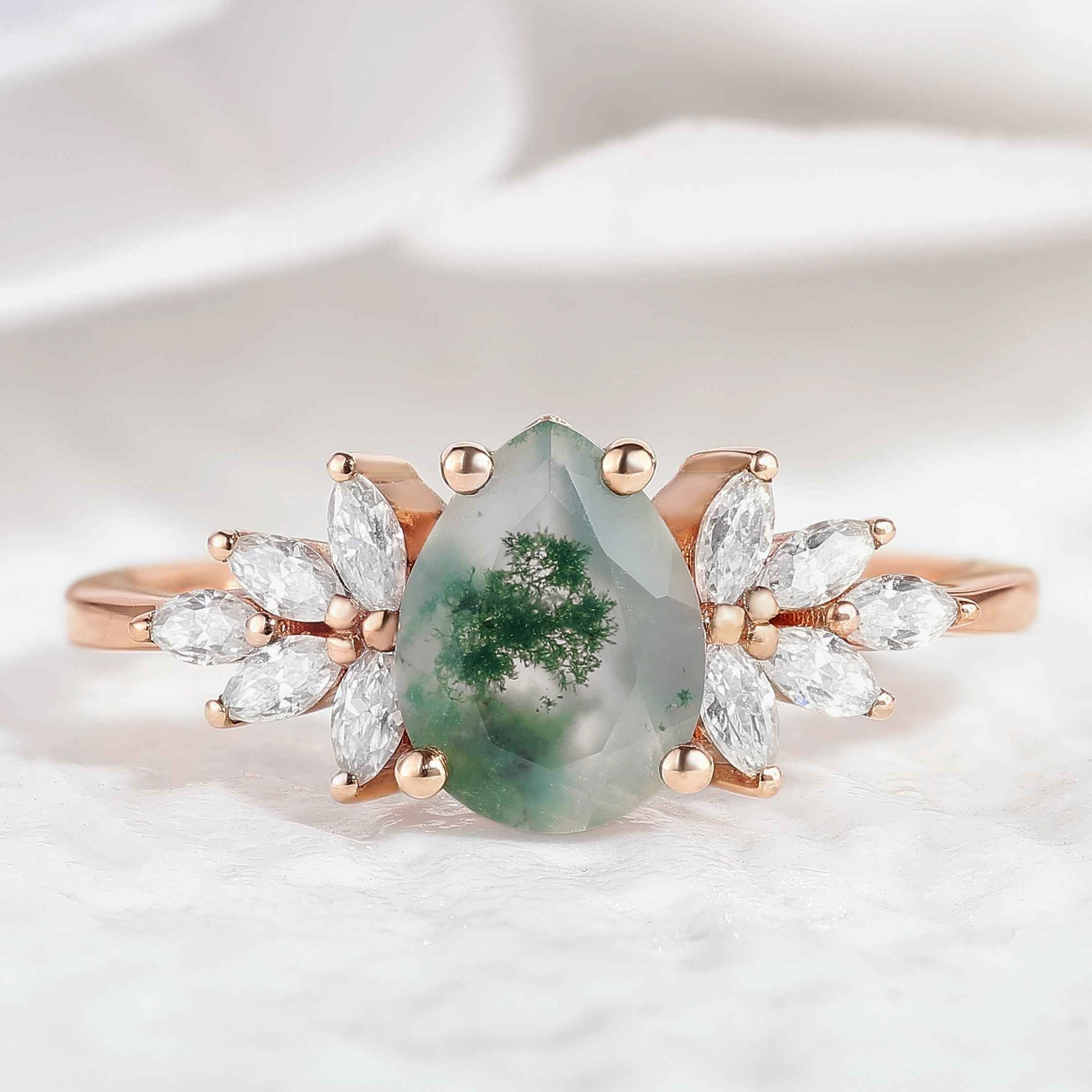 Unique Moss Agate Engagement Ring Marquise Moissanite Cluster Wedding Ring