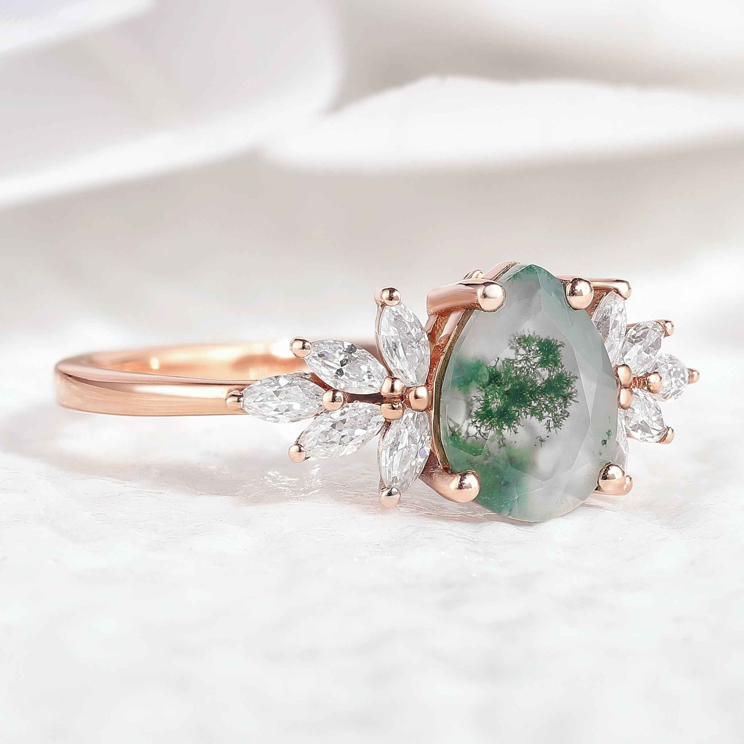 Unique Moss Agate Engagement Ring Marquise Moissanite Cluster Wedding Ring