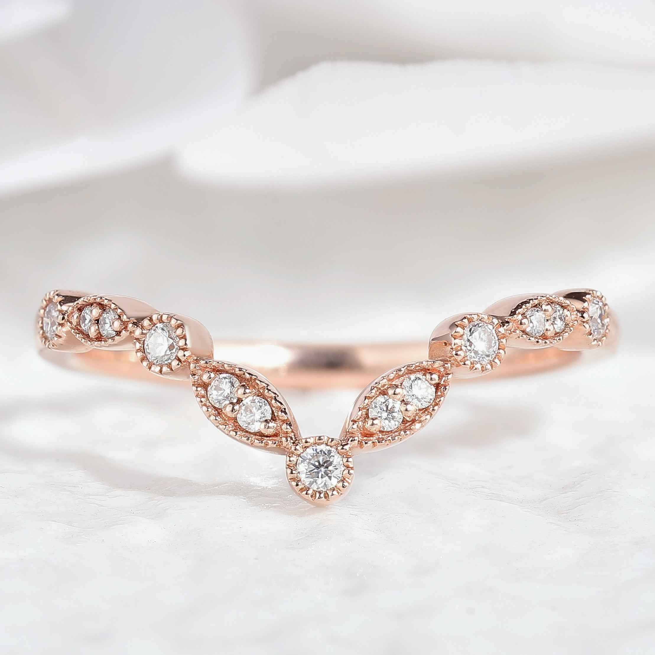 Vintage Moissanite Chevron Wedding Band Rose Gold