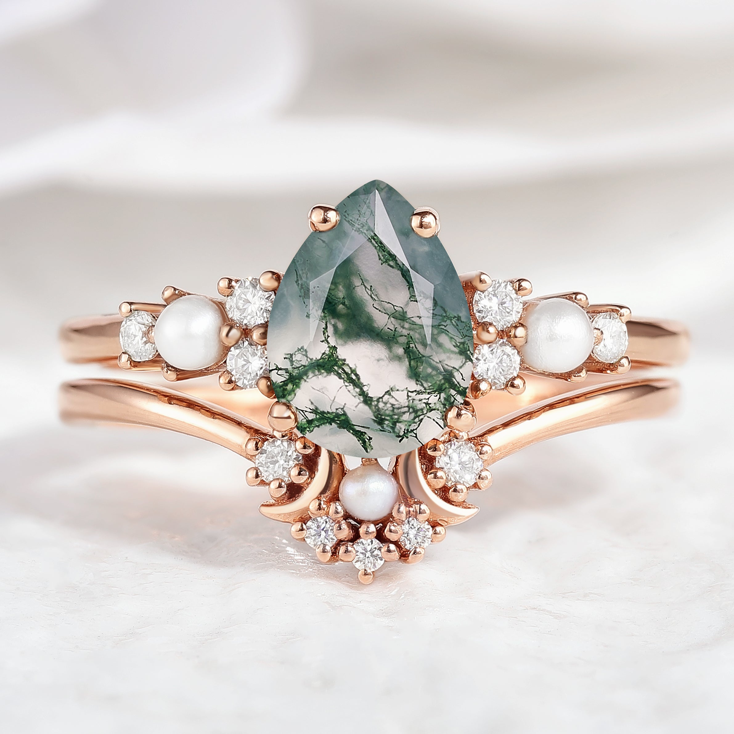 Pear Cut Moss Agate & Pearl Engagement Ring Set