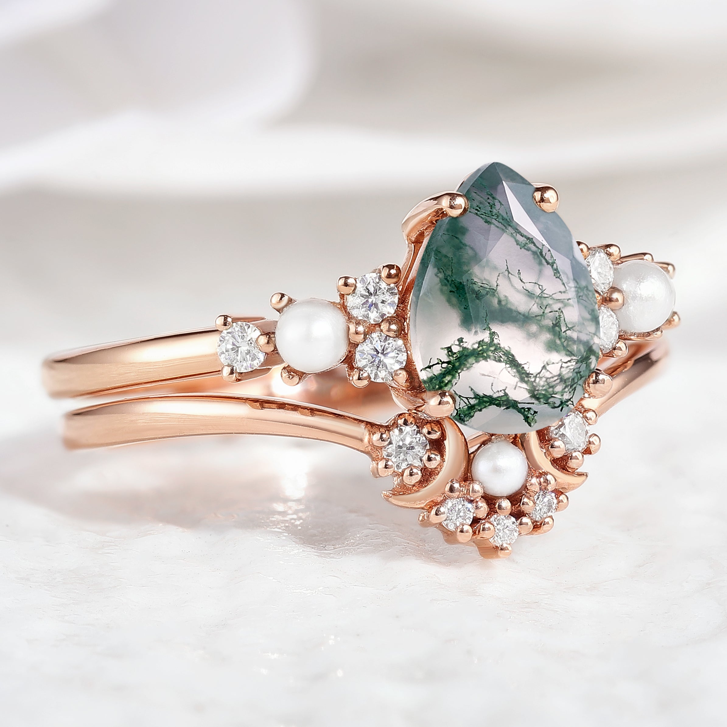 Rose Gold Pear Cut Moss Agate Ring Set with Pearl Accents