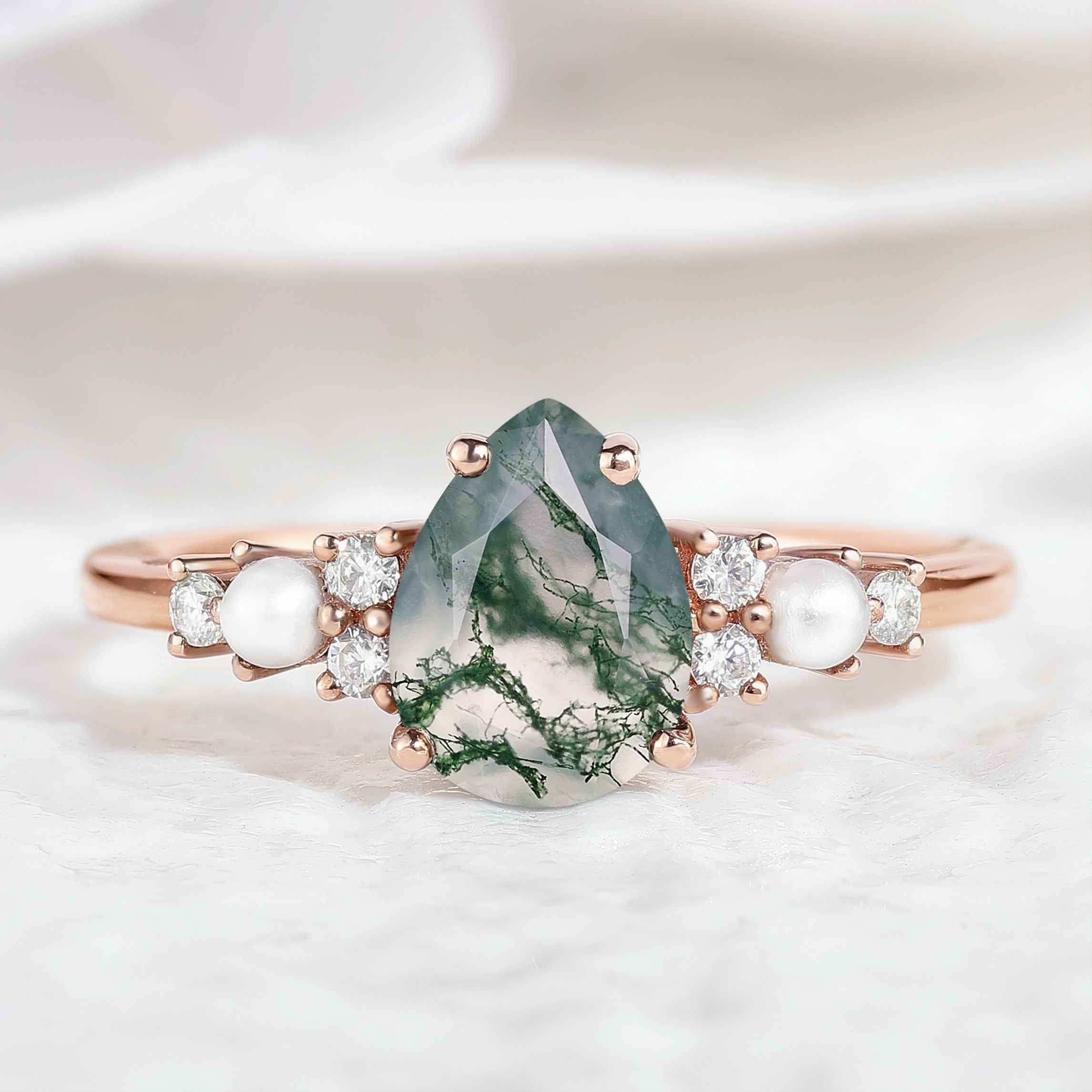 Unique Pear Cut Moss Agate Engagement Ring Moissanite And Pearl Cluster