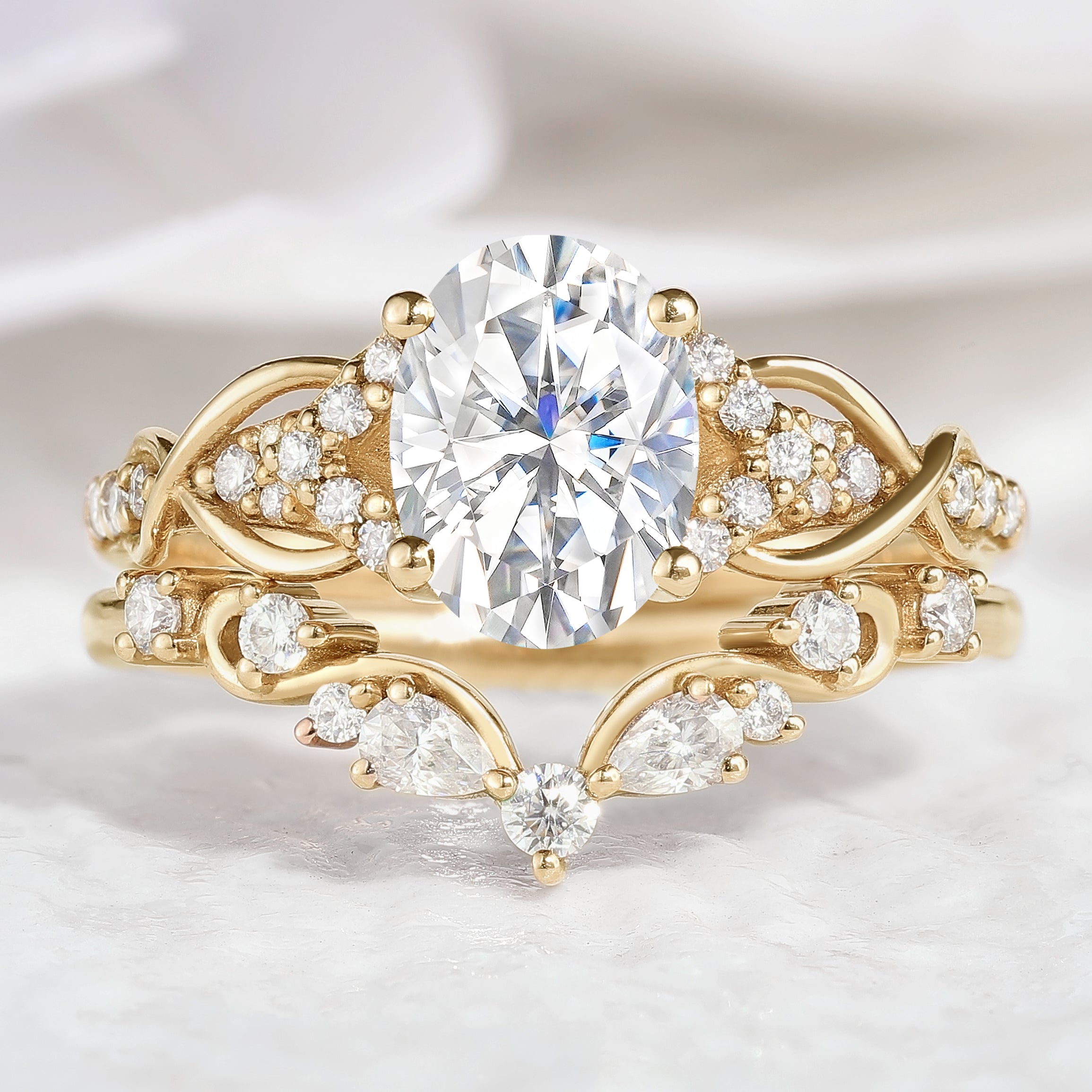 Oval moissanite engagement ring and curved wedding band, nature-inspired, Lahela Jewelry